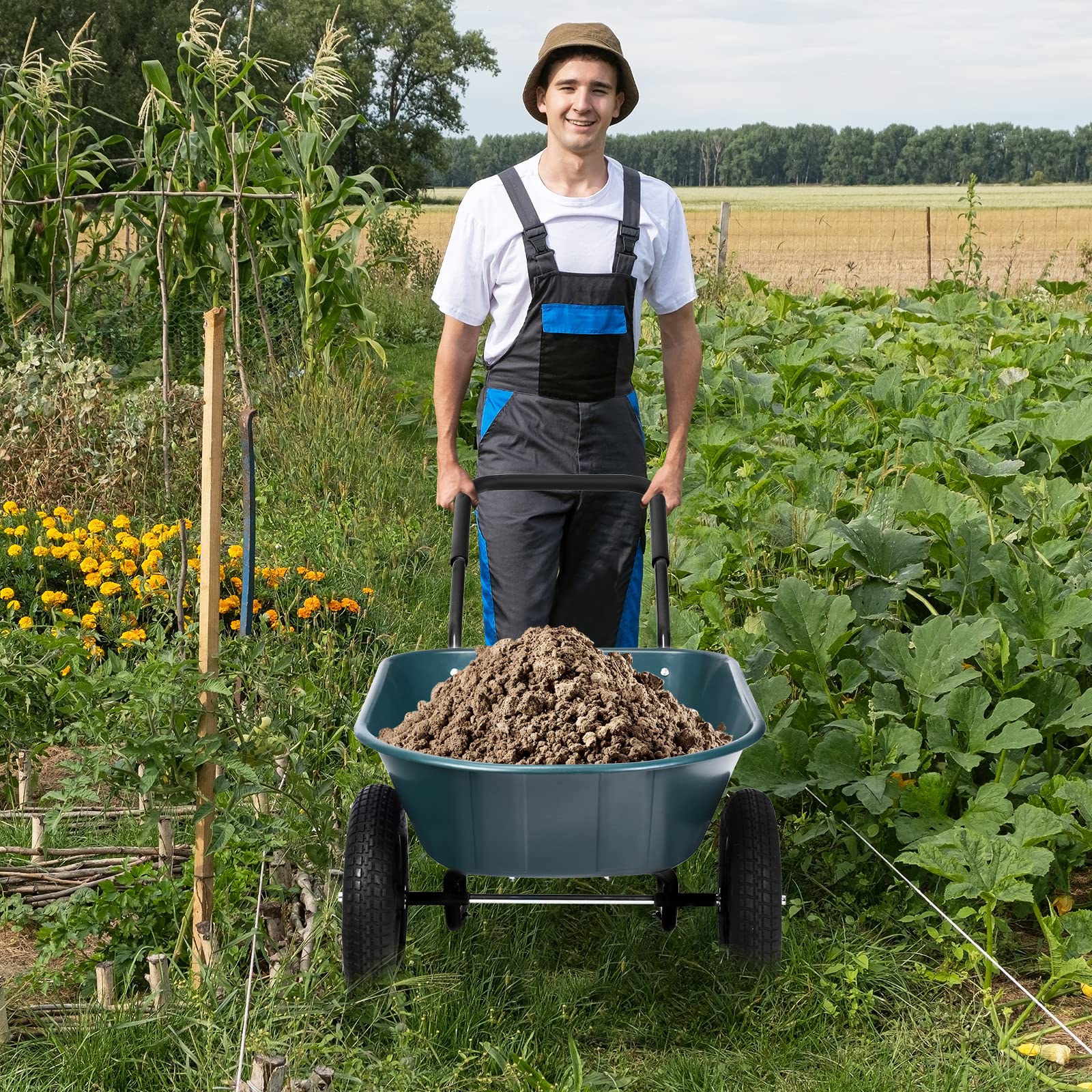 Questo Carrello, carriola da Giardino a 2 Ruote, Carrello da Giardino Resistente da 150 kg con Pneumatici e Maniglia in Acciaio Verniciato a Polvere, Carrello Ribaltabile per Esterni per Gia