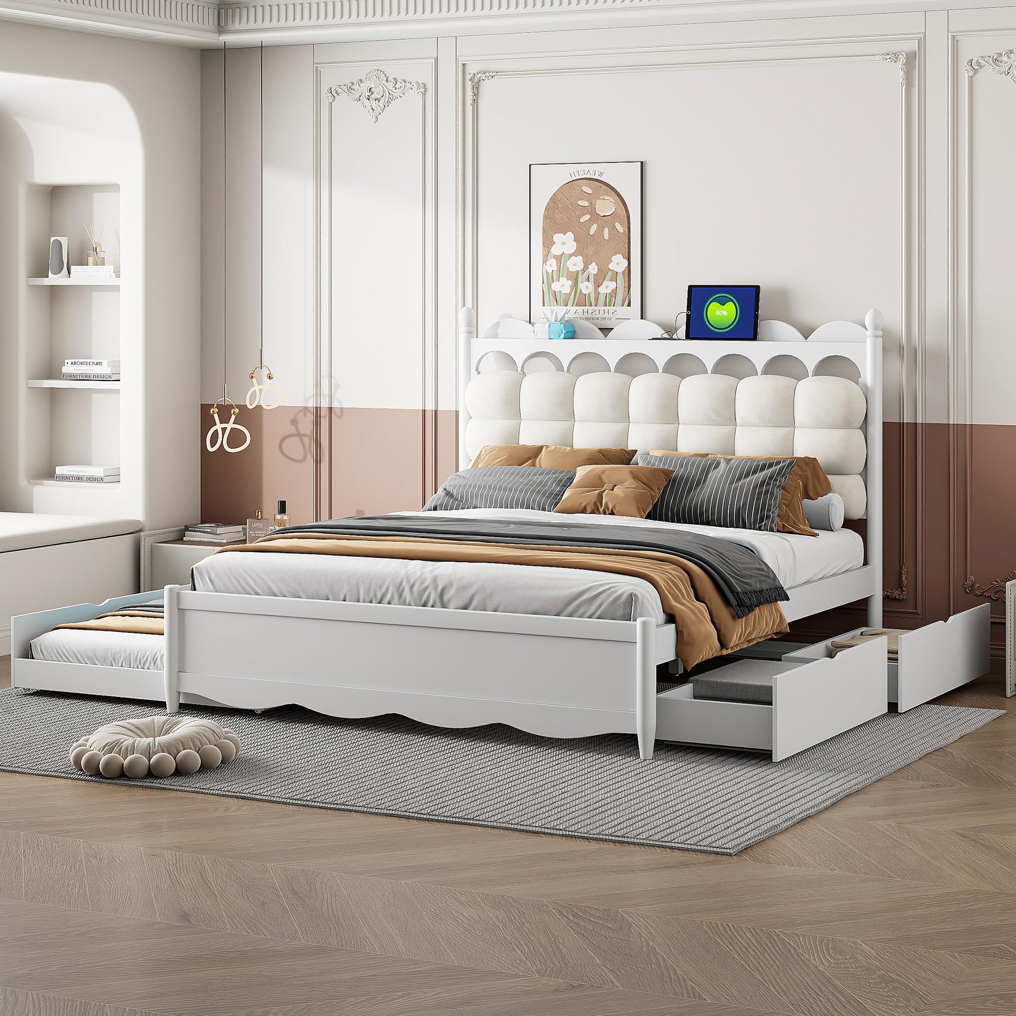 lz leisure zone queen bed frame with storage queen bed with trundle and 2 drawers wooden headboard with outlets and usb ports - white