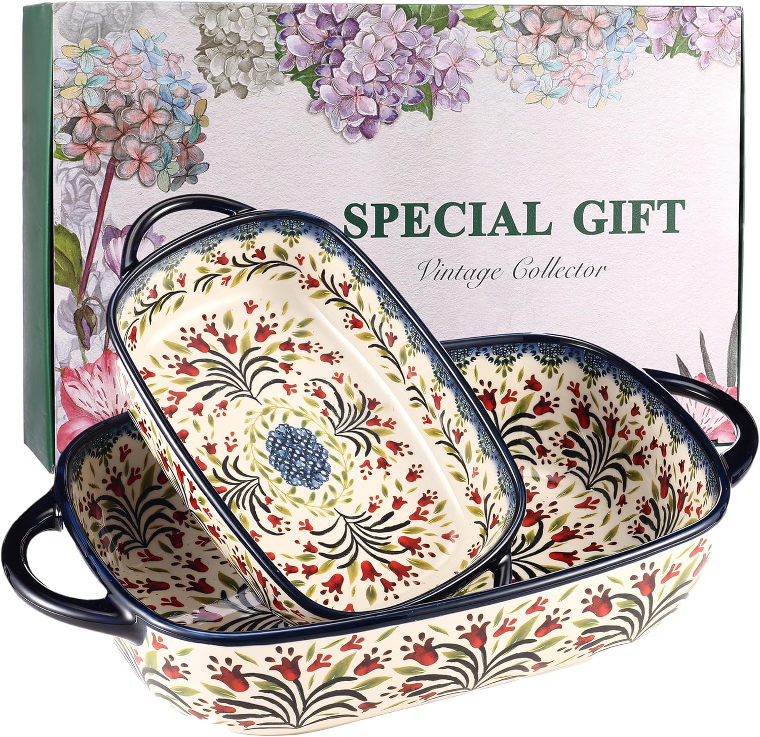 Ceramic Baking Dish Set of 2 – Decorative Polish Pottery Style Casserole Dishes with Handles, Cute Oven-Safe Lasagna Bakeware Gift Set