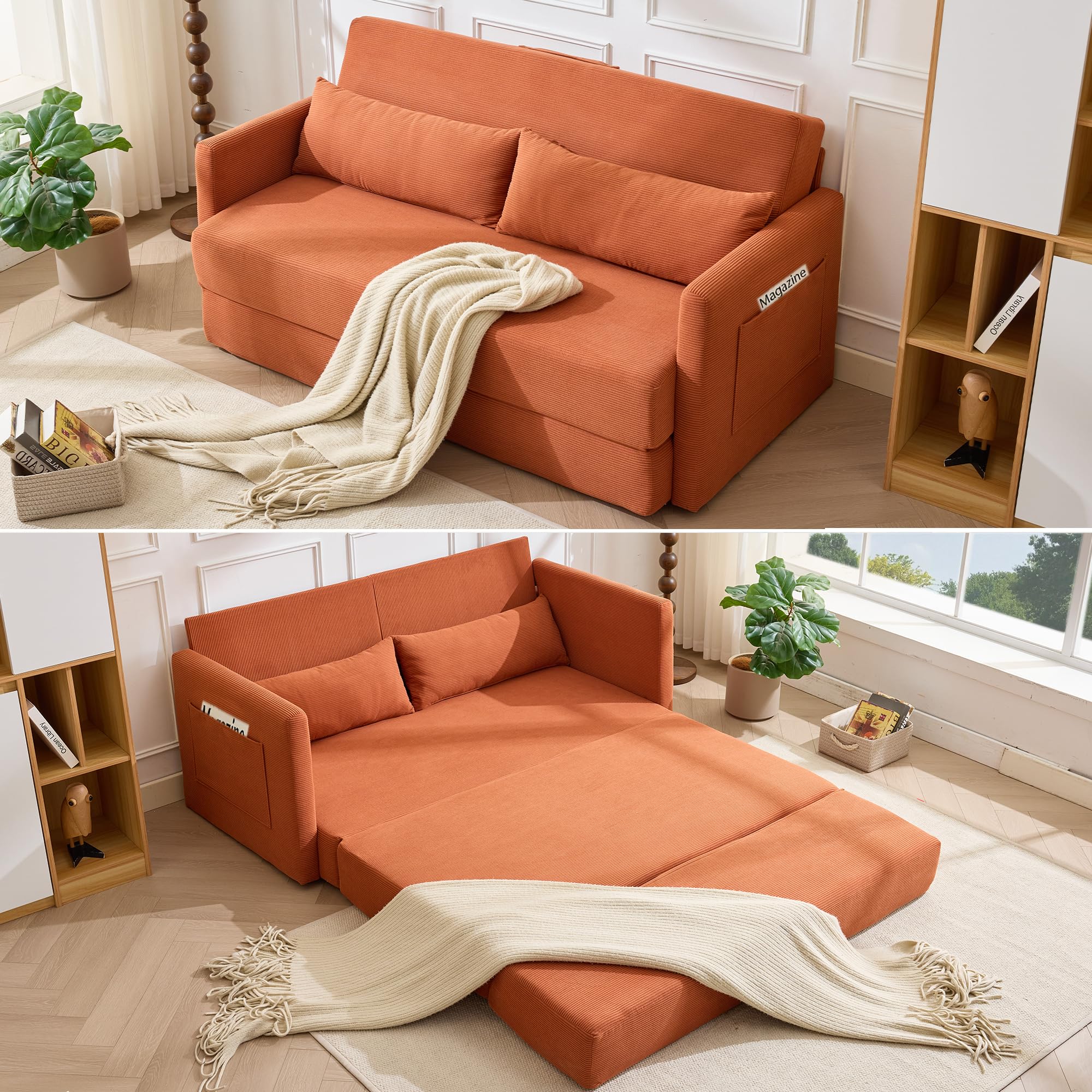 Generisch 2 w 1 sztruksowa sofa składana 2-osobowa, pomarańczowa sofa z poduszką