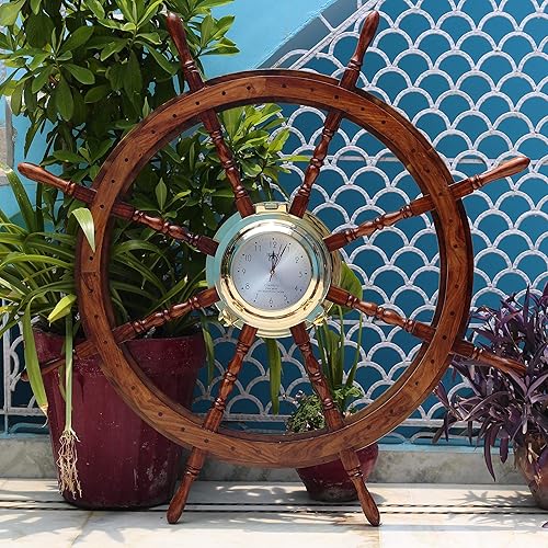 Miniatura 9 de Nagina International Rueda náutica de madera maciza con reloj de tiempo, diseño de capitán marítimo, decoración del hogar, regalo (16 pulgadas)
