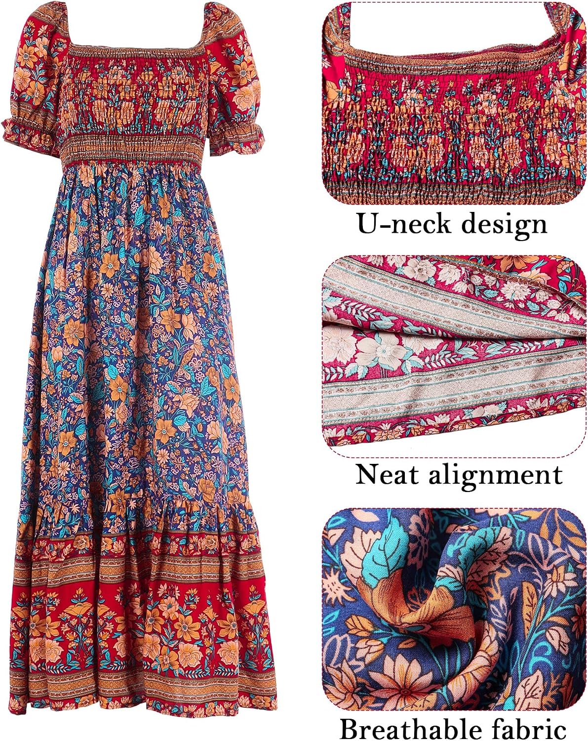 Women's Casual Summer Boho Floral Print Dress Square Neck Puff Sleeve Long Midi Maxi Beach Dresses Rustic Countryside Flowy Bohemian Dress