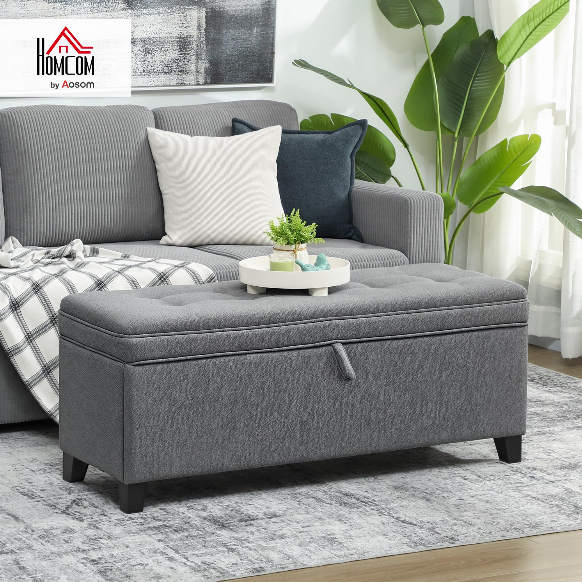 HOMCOM Sitzbank mit Stauraum Polsterbank bis 120kg 120x40x48 cm Dunkelgrau | Bank, Sicherheits-Scharnieren, Leinenoptik, für Wohnzimmer Schlafzimmer Flur
