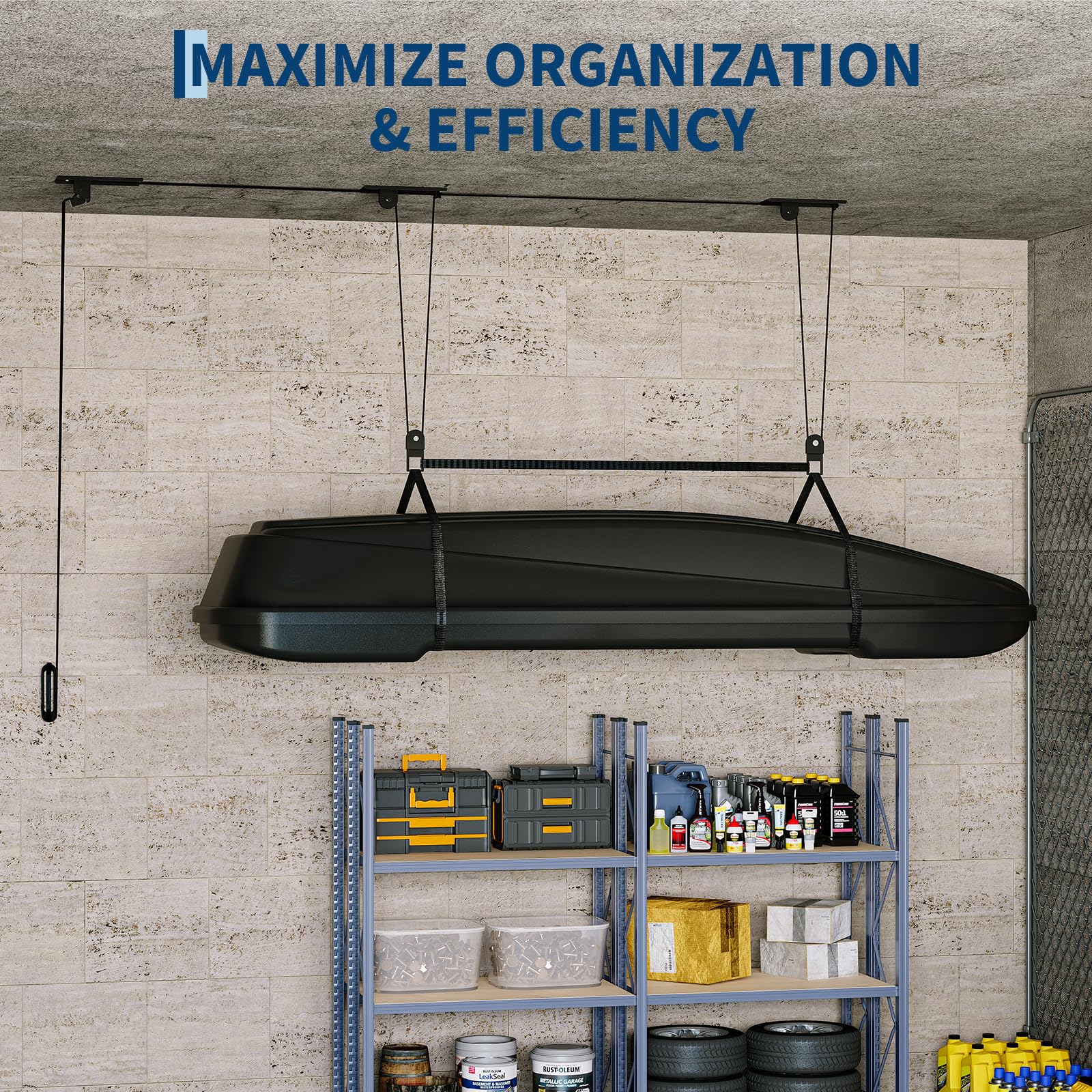 Garvee Hochwertig Deckenlift für Garage – 200 kg Tragkraft, 3-fach Seilzug, verstellbare Gurte, mit Auto-Lock-Bremse & Anti-Kratz-Haken – robuste Metallkonstruktion, ideal für Kajaks, Dachboxen,