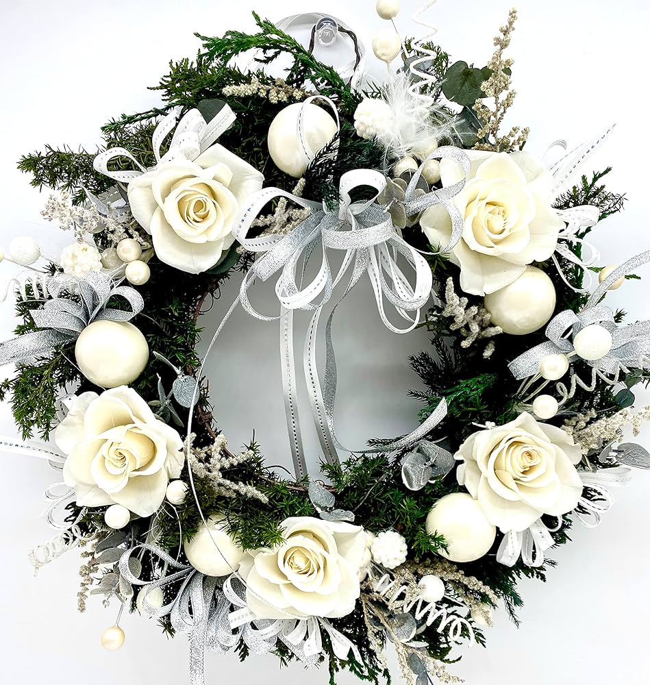 ホワイトローズと小花と白葡萄のキラキラ豪華大リース♪♪☆* 楽天市場】【直径約30cm】大きなホワイトハーフムーンリース