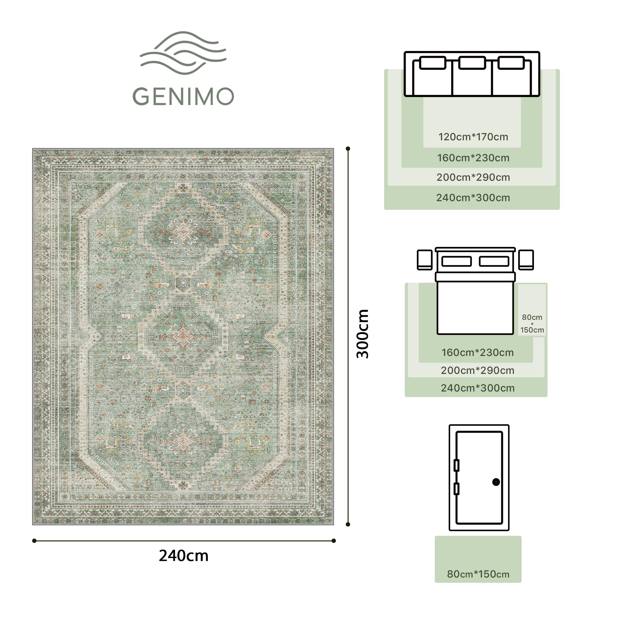 GENIMO Tapis Salon Vintage Moquette pour Chambre Lavable en Machine, Tapis Intérieur pour Chambre, Cuisine, Entrée, Couloir, Vert, 240x300CM