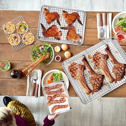 Miniatura 7 de P&P CHEF Juego de bandejas y rejillas para hornear de 16 + 12.5 + 9 pulgadas, bandejas de acero inoxidable para galletas, moldes y bandejas para