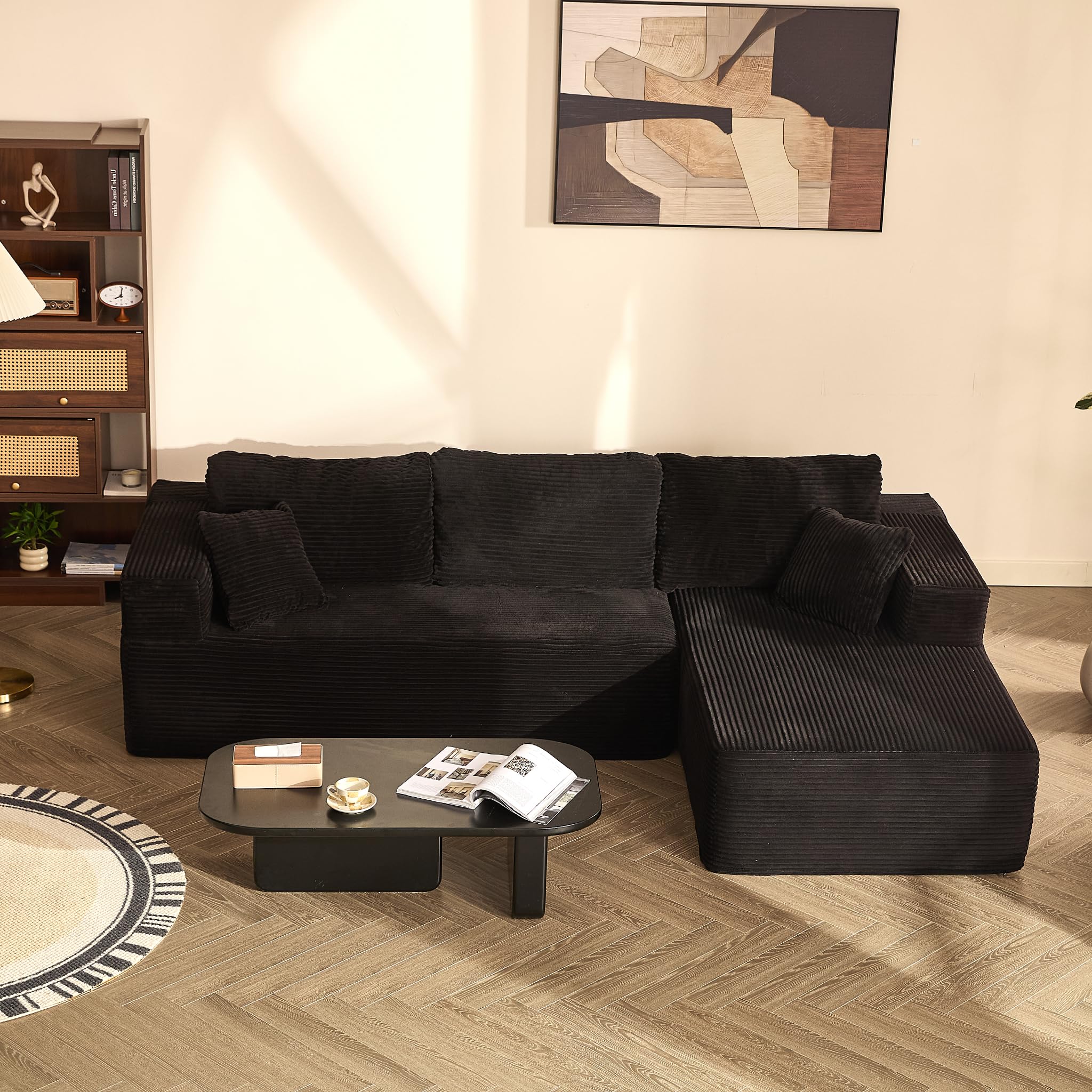 272 cm Sofá Chaise Longue 3 Plazas Modular sin Montaje, Pana, Negro | Configuración Flexible, Asiento Profundo, Espuma de Alta Densidad, Cojines de Respaldo, Para Salón