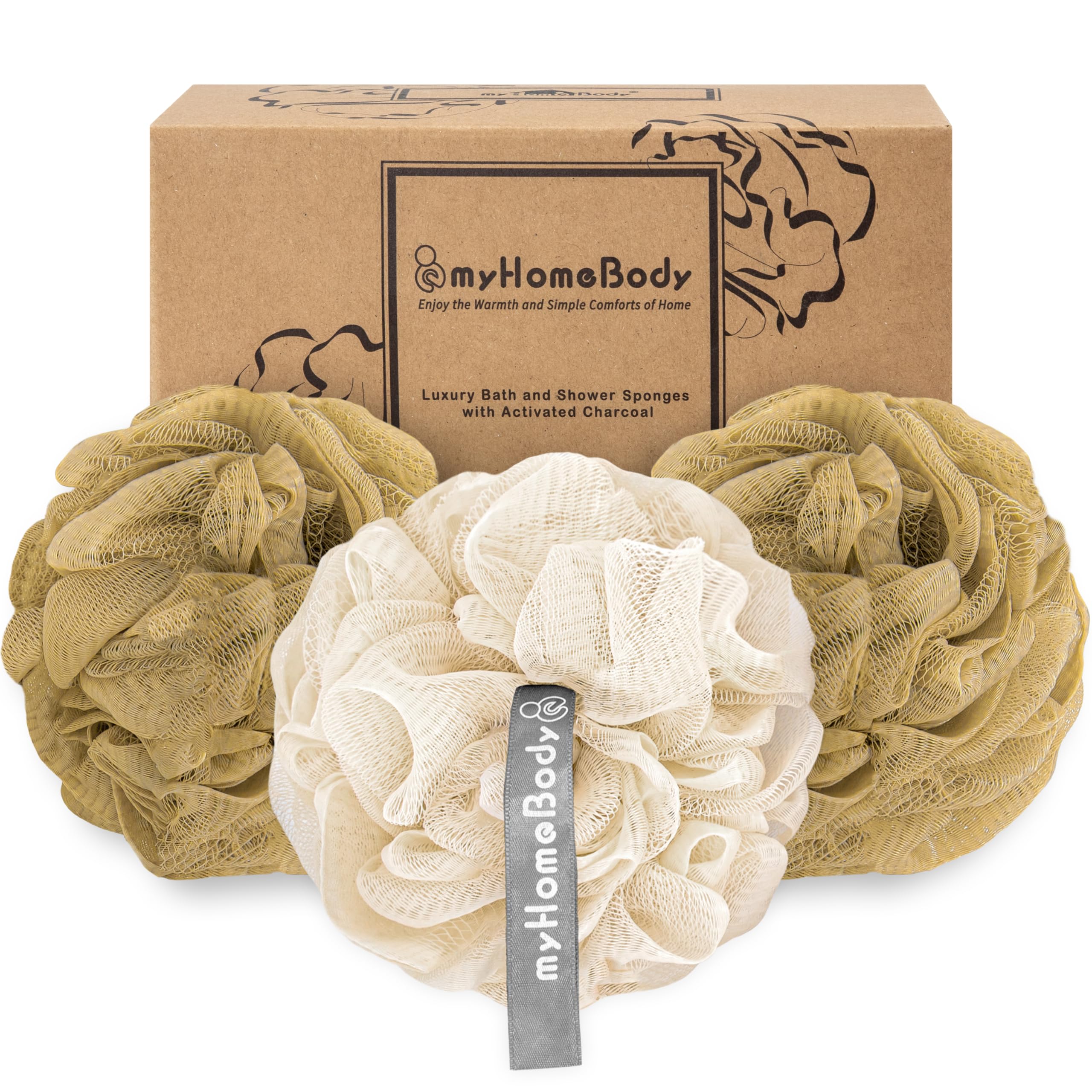 myHomeBody Large 70g Loofah Sponge, Body Scrubber, Bath Sponge, Loofah for Women, Men, Exfoliating Sponge Shower Pouf with Activated Charcoal - 3 Pack