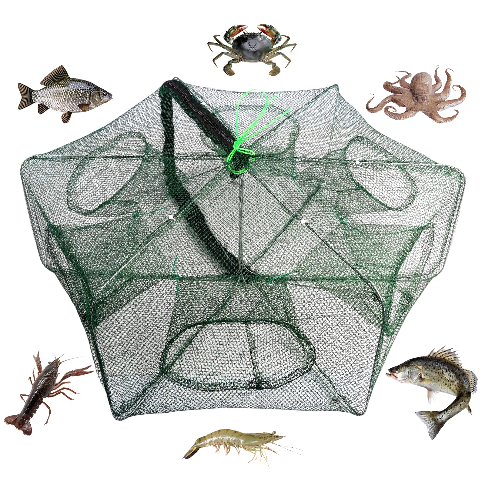 Piège à crevettes, 58 × 22 cm Poissons de crabe en nylon, filet de pêche automatique, 6 trous filet de pêche pliable en nylon, pour attraper les crabes, les homards, les crevettes et les crabes