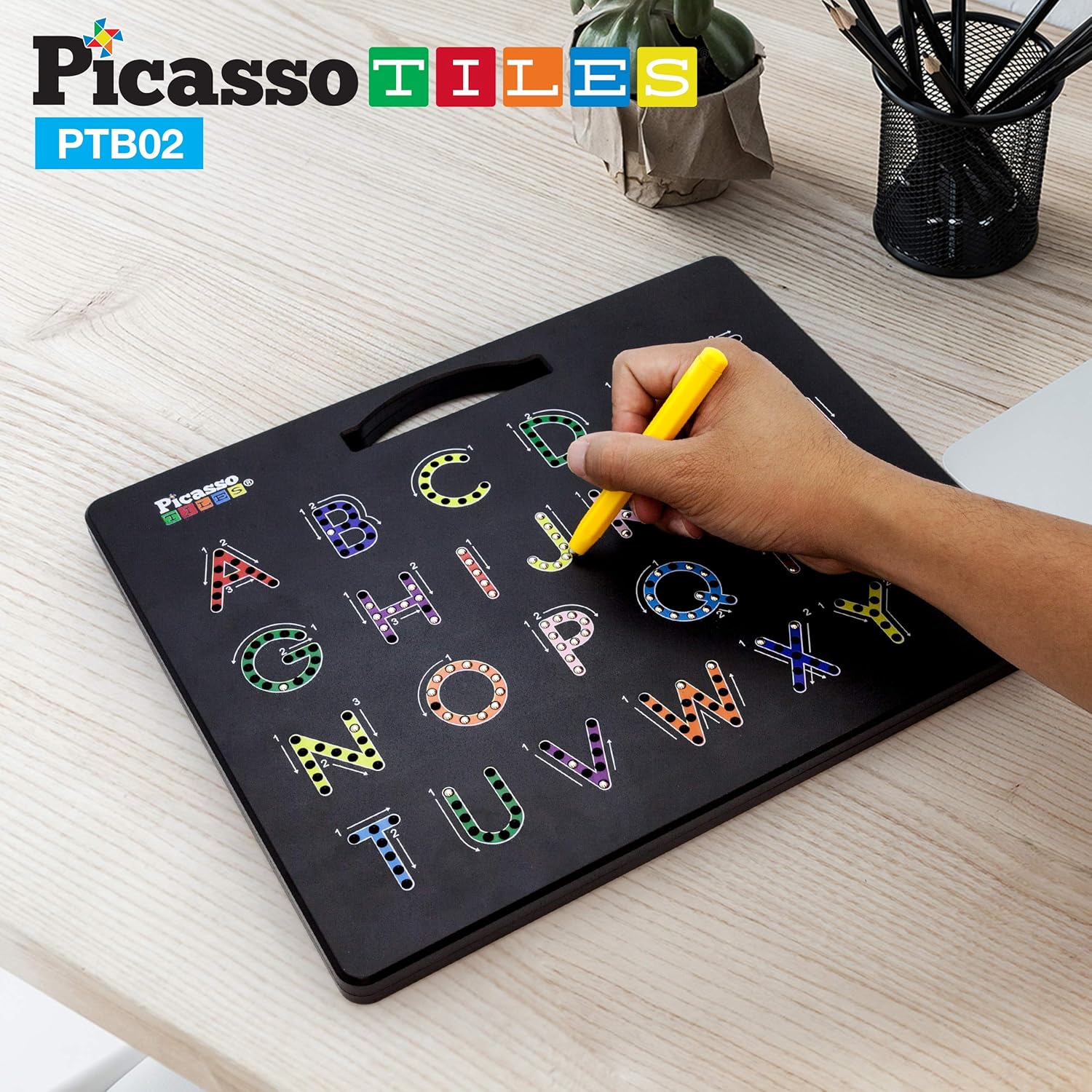 PicassoTiles Drawing Board Letter Number + Art + 60pcs Magnet Tiles, 2-in-1 Double Sided Magnetic Freestyle Writing Playboard 12x10 inch Erasable Pad, Chalkboard & Whiteboard with Art Accessories