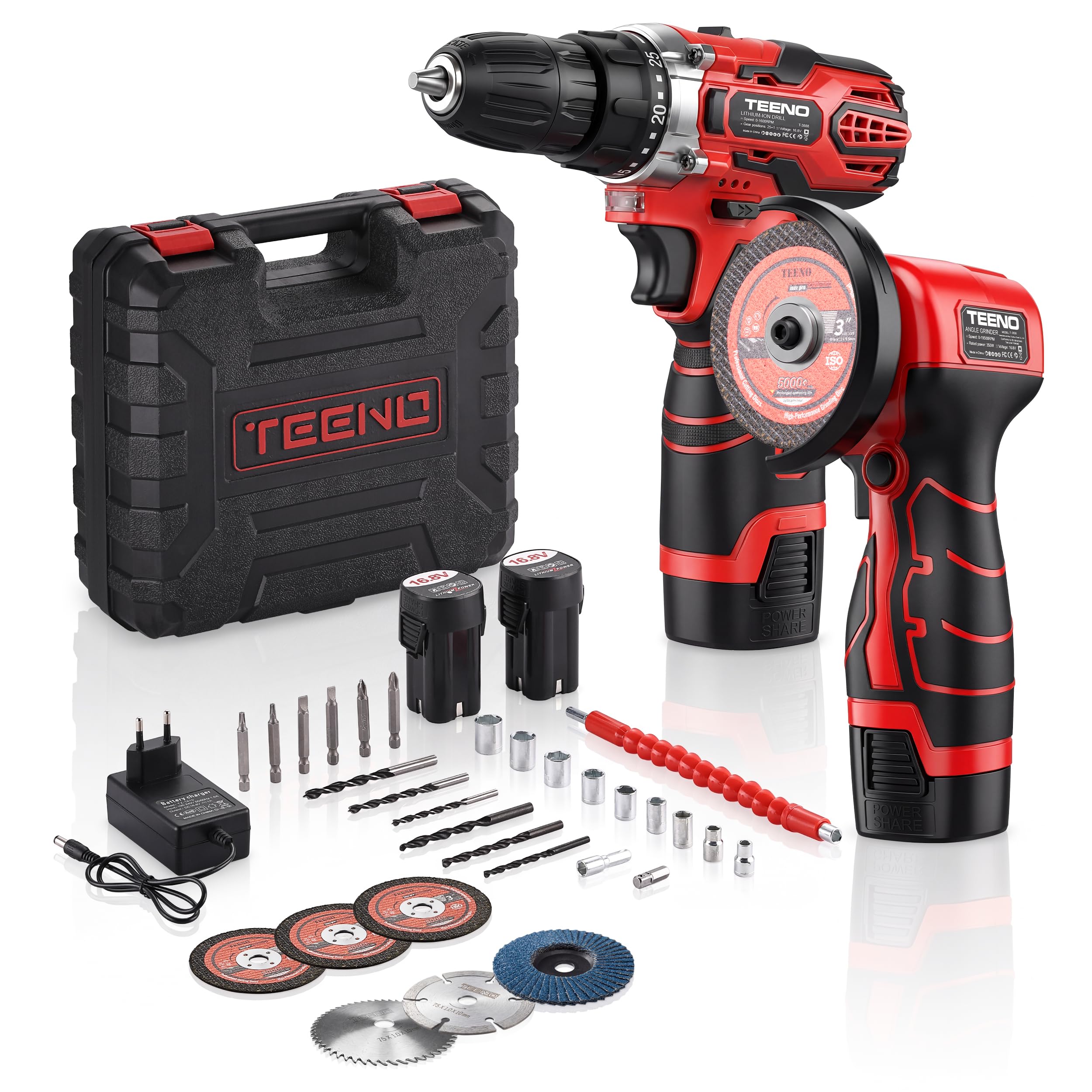 TEENO 16.8V Cordless Hammer Drill and Angle Grinder Kit, 25+1 Torque Settings (45 Nm), 19,500 RPM Grinder, 2 Batteries, Multipurpose for DIY, Woodworking and Car Repair