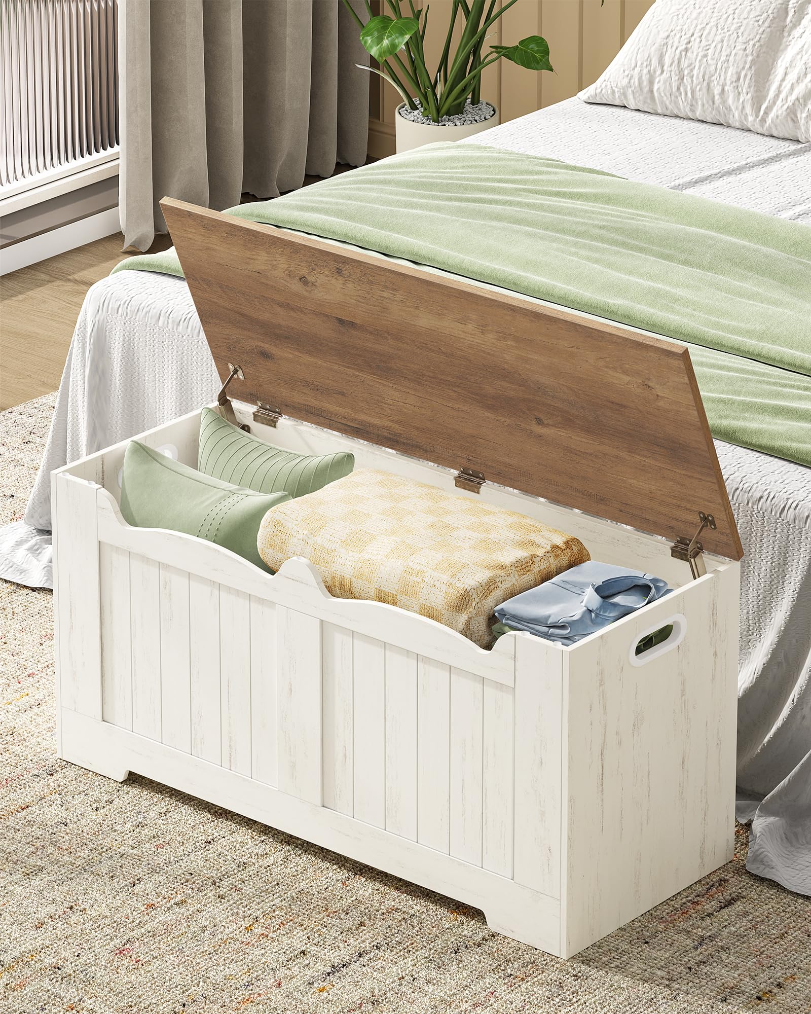 Hzuaneri Coffre de Rangement, Banc de Rangement, Blanc Marron | 2 Charnières Stables, 40 x 100 x 48 cm, pour Entrée, Chambre, Salon, SB01014B
