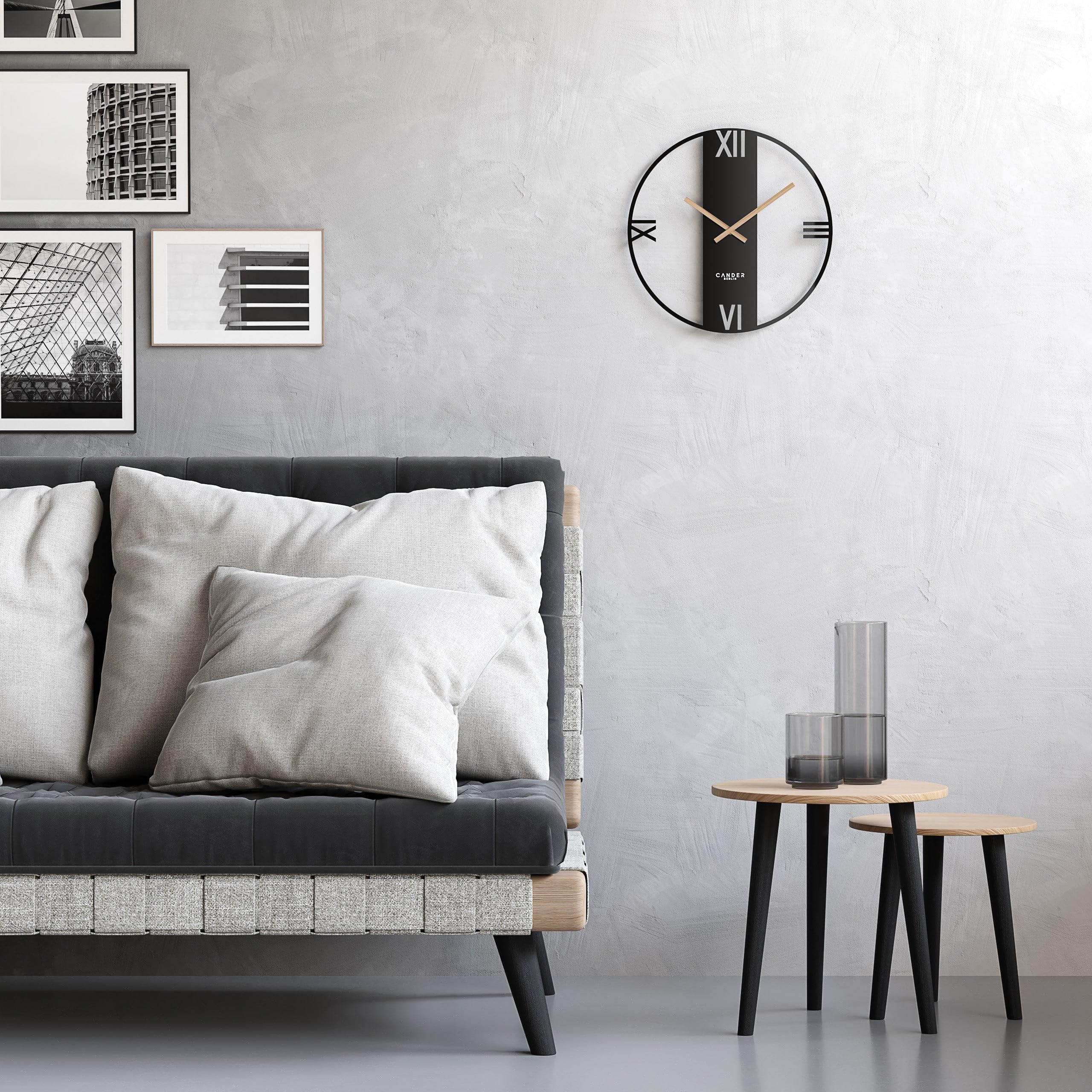 Cander Berlin Elara XXL Reloj de pared vintage silencioso, 40 cm, metal, manecillas de madera, sin ruido de tictac, grande, moderno, negro, salón, cocina
