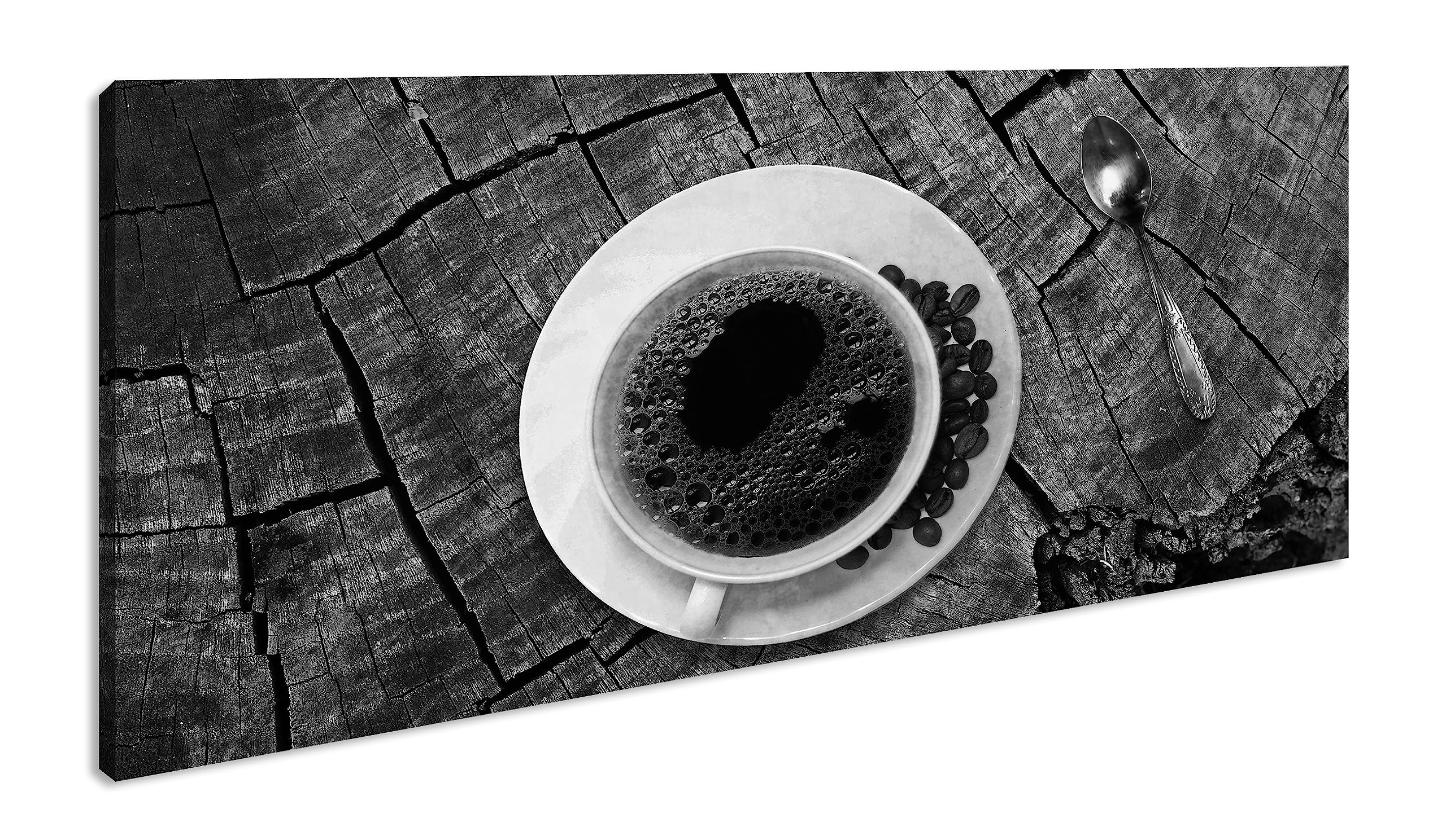 Magnífico café de la mañana panorámico 100 x 50 cm, efecto: negro/blanco como lienzo, diseño listo enmarcado en marco de madera auténtica, impresión digital de alta calidad con marco