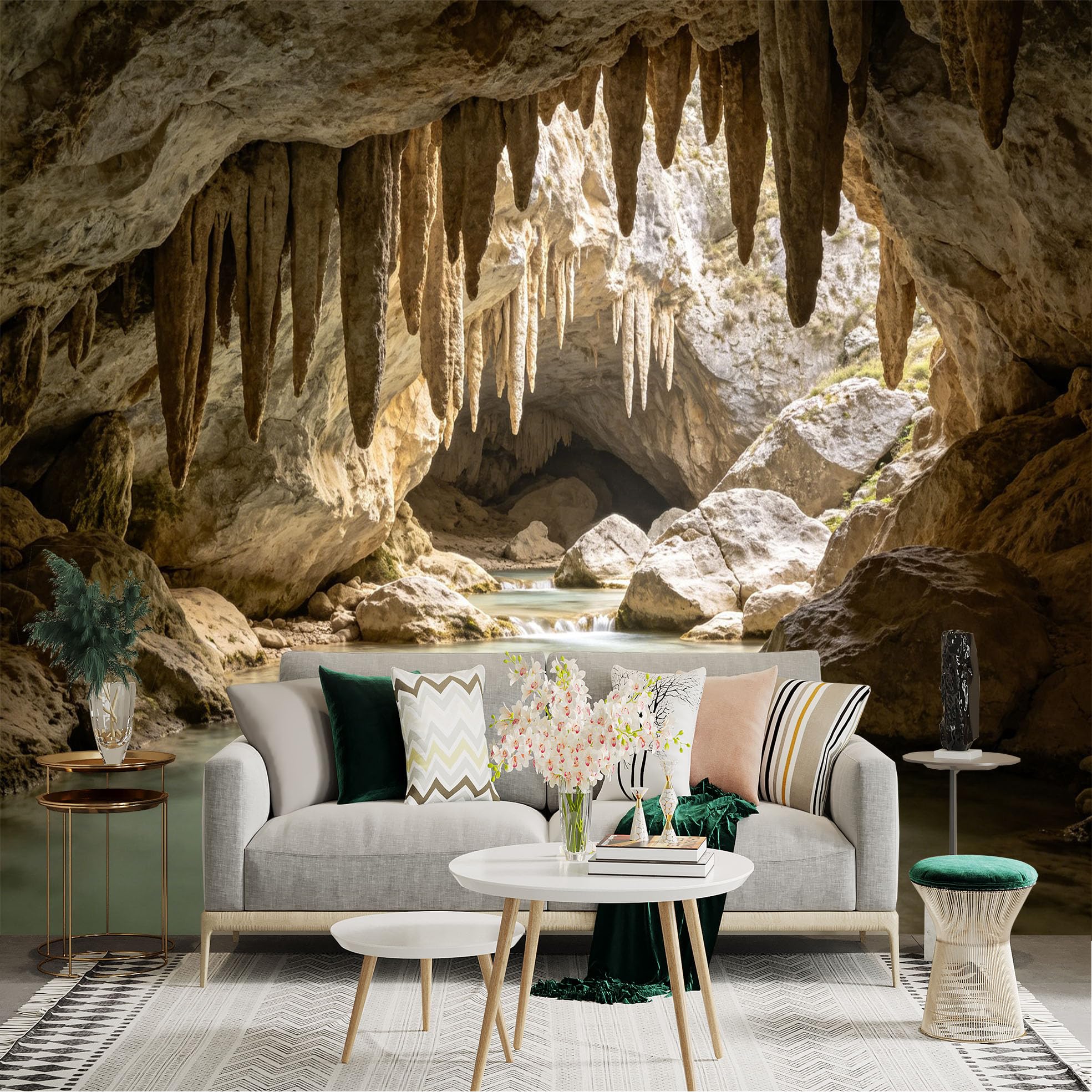 Lnzczhyre Dbh260521283 Custom Size Wall Sticker Mural， Natural Limestone Cave， Underground River， Stalactites Formation， Serene Water Surface， For Wall Decoration， Peelandstick Wall Decals.