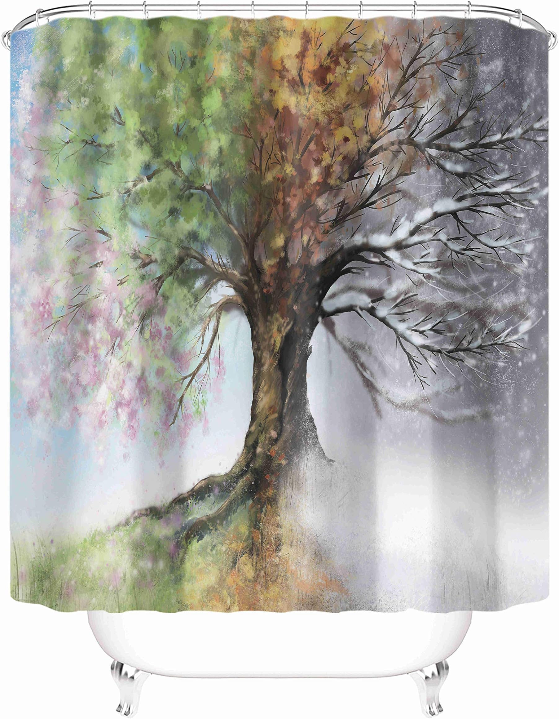 TaystaFabric Waterproof Shower Curtain Curtains with Hooks Watercolor Style Tree of Life with Colorful Blooming Branches Four Seasons Theme 72"X72" Decor Creative Home Decorative Bathroom