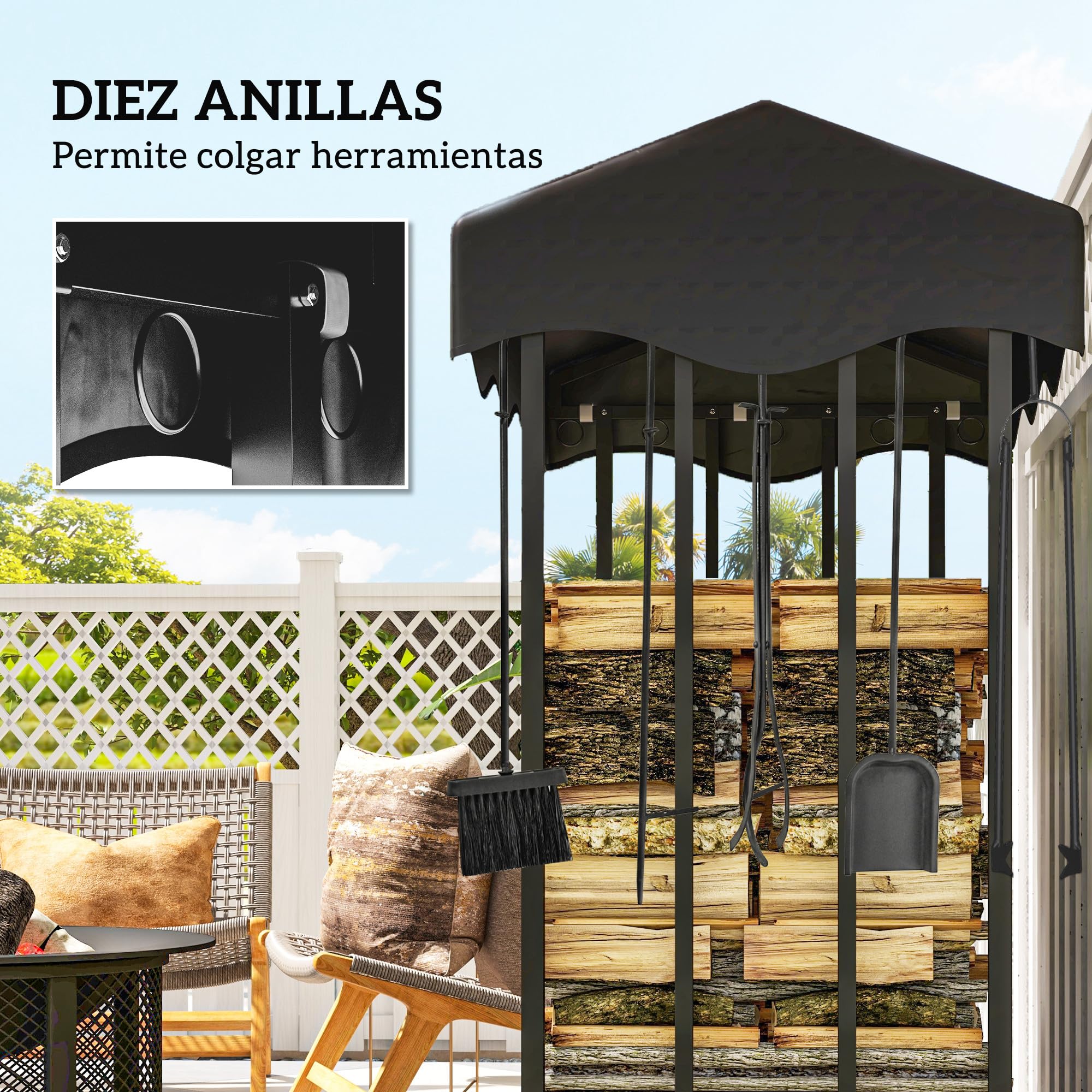 Outsunny Soporte para Leña con Cubierta 143x70x145 cm Leñera de Exterior Estante de Leña de Metal con Estructura Reforzada Impermeable Carga 1200 kg para Interior y Exterior Negro