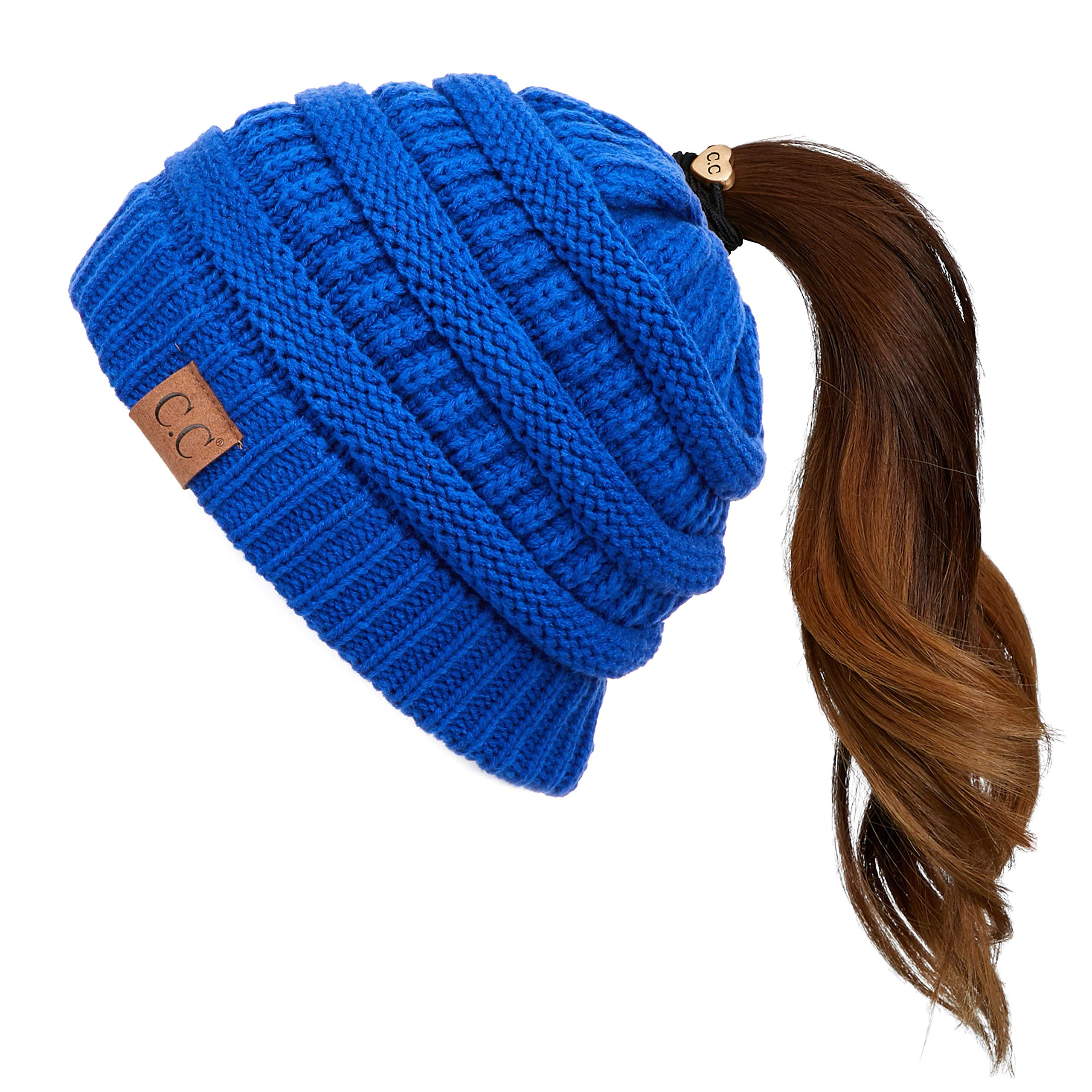 C.C Exclusives Soft Stretch Cable Knit Messy Bun Ponytail Beanie Winter Hat for Women (MB-20A), Royal, One Size