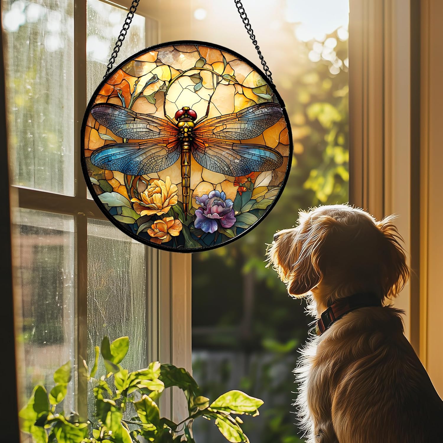 Stained Glass Window Hanging - Orange Blue Dragonfly Flower Suncatcher for Doors Window Home Sun Catchers Decor Christmas Mother's Day Birthday Outdoor Gifts for Women Men Mom Nana 9.8 in - Image 4