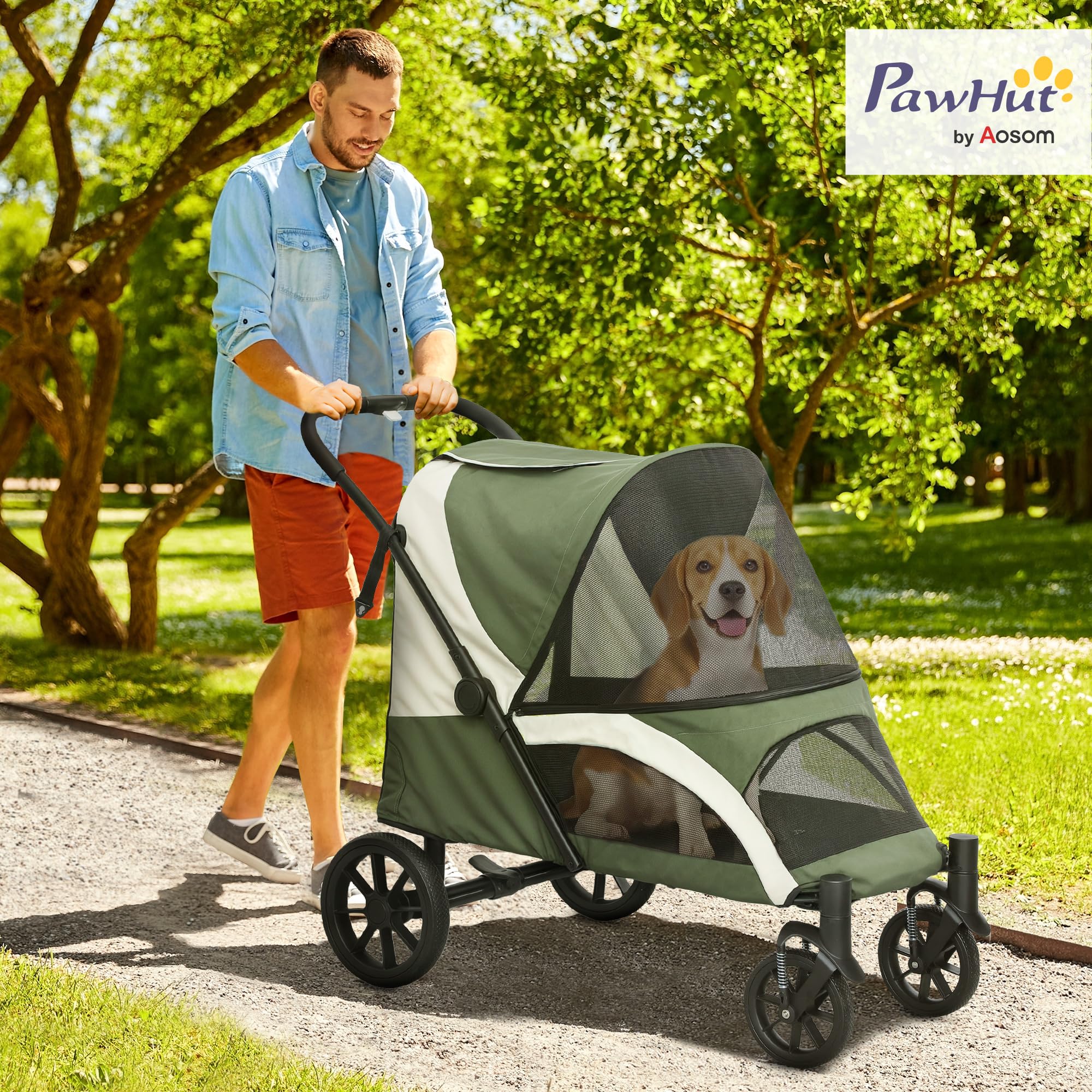 PawHut Cochecito plegable para perros y gatos grandes, hasta 30 kg, con cojín, ventanas de red y puertas, bolsa de almacenamiento, color verde oscuro