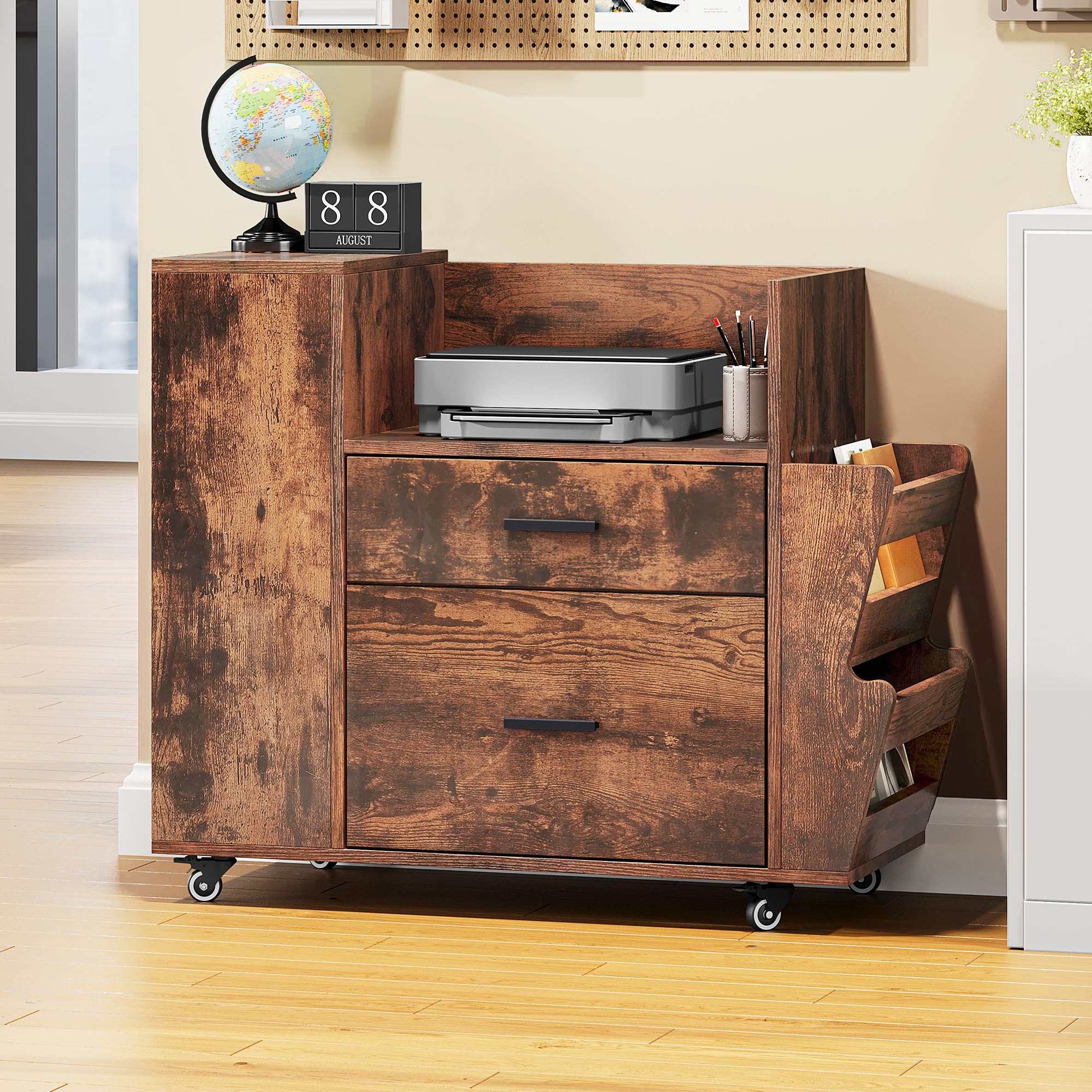 YITAHOME Rolling Aktenschrank mit Seitenhaltern und 4 Rädern, Braun