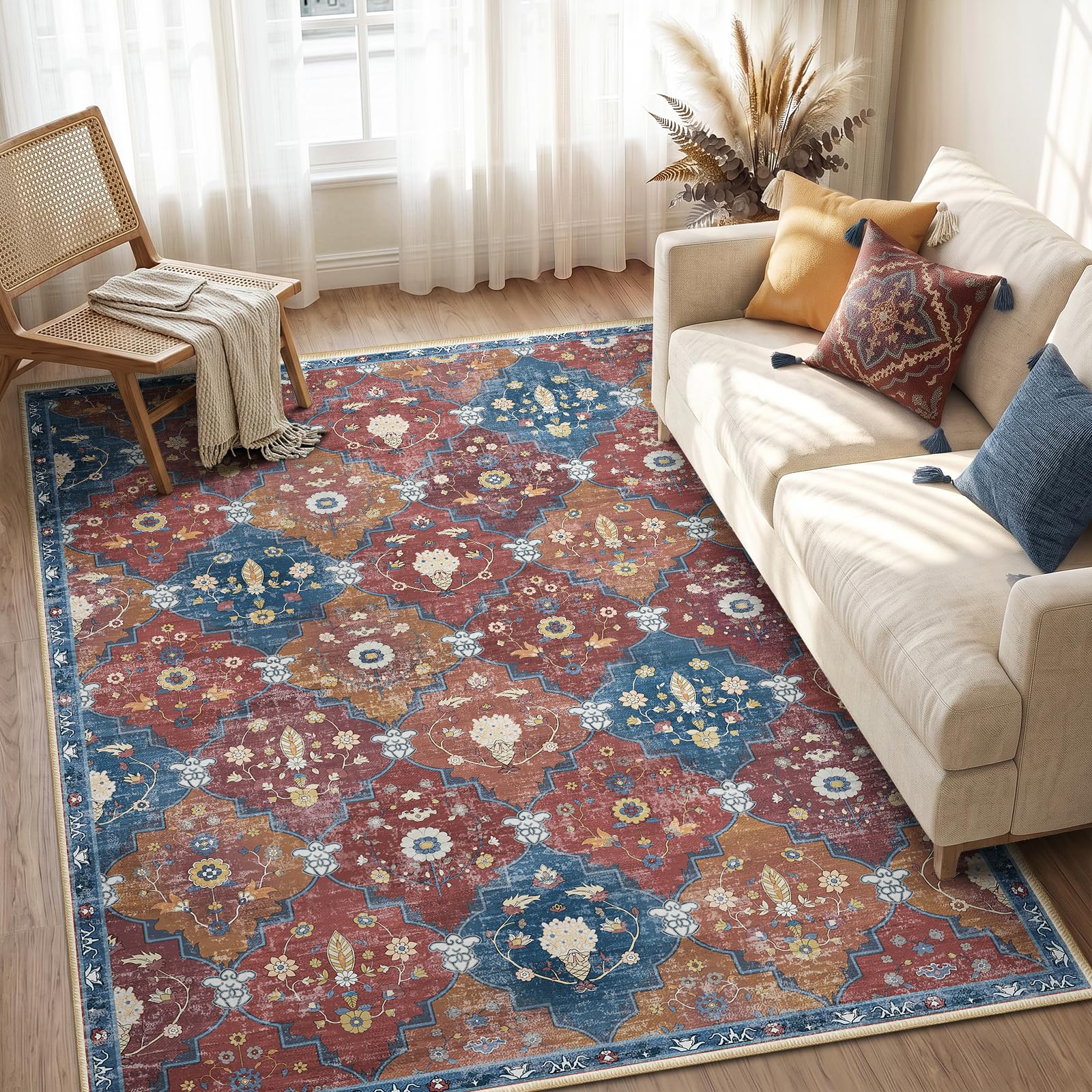 INOVADAY Teppich Wohnzimmer Moroccan Teppich Waschbar Boho Kurzflor rutschfest Teppiche für Lounge Schlafzimmer Esszimmer mit Druckmuster