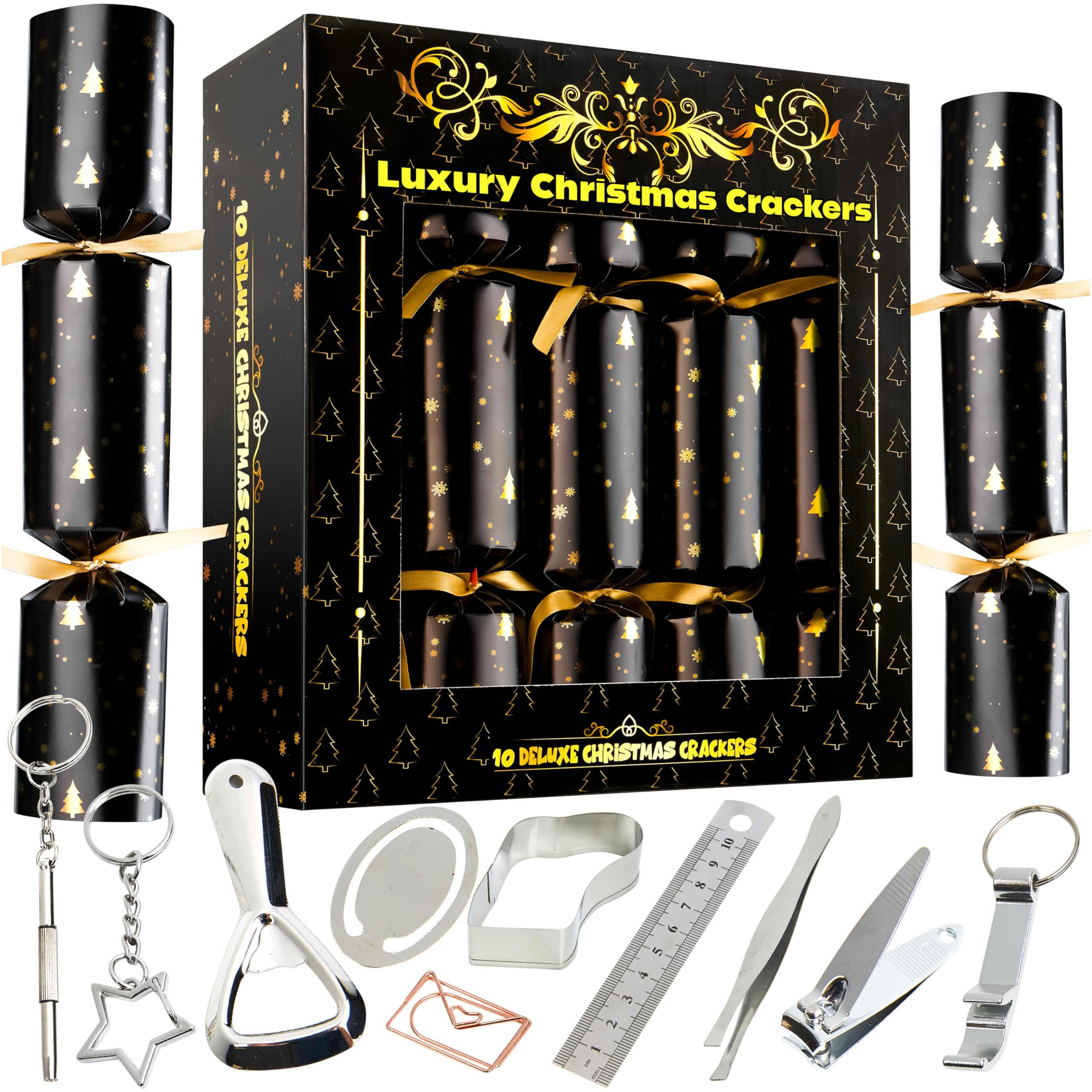 KreativeKraft Pop Luxury Christmas Crackers, Pack of 10 Deluxe Xmas Crackers with Premium Gift, Hats & Jokes, Novelty Party Table & Christmas Decorations (Brown Deluxe)