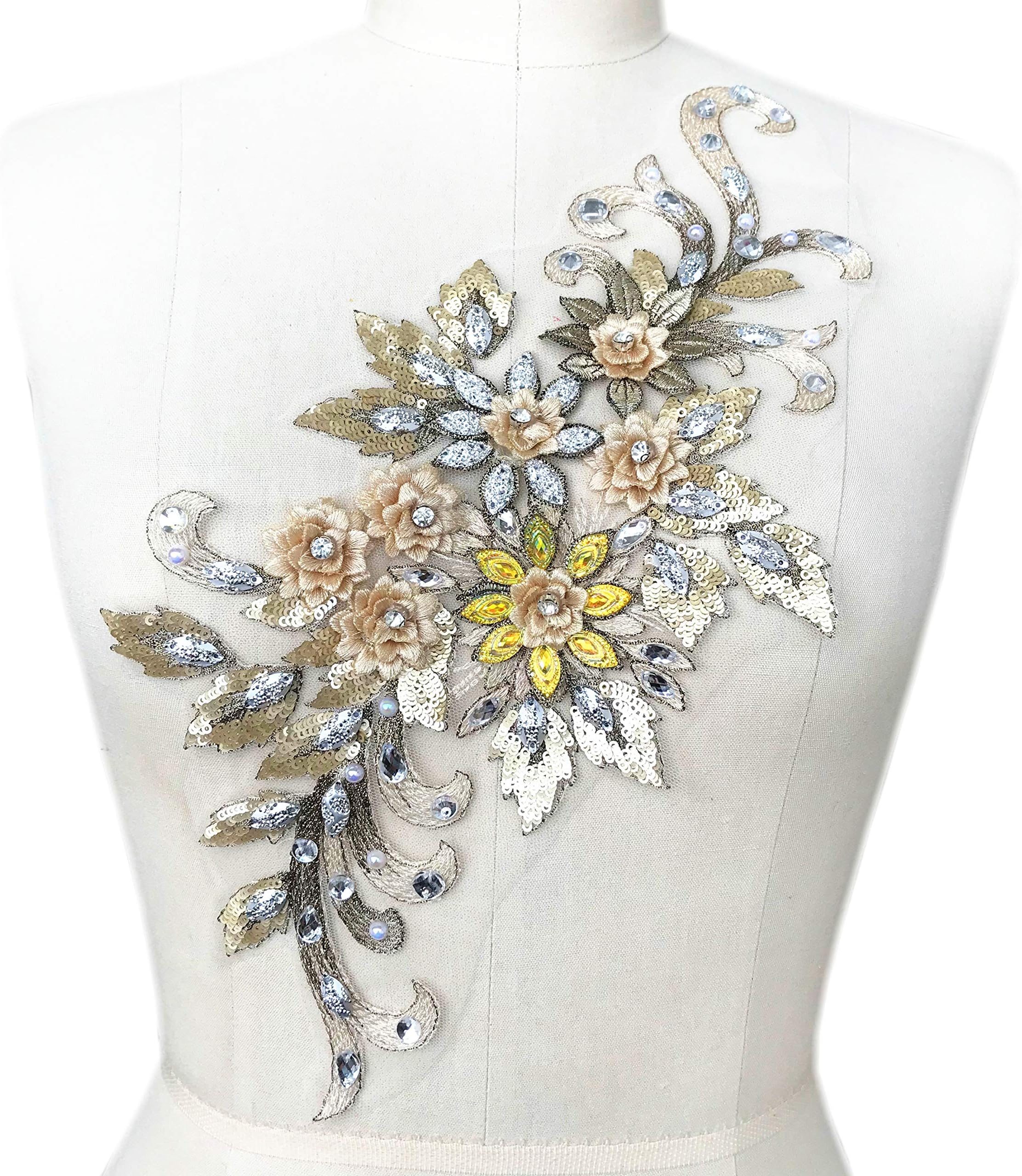 1938cm 3D Colorful Flower Mesh Embroidered Rhinestone Lace Beaded Applique with Sequins DIY Lace Fabric Trim for Clothes Accessories Hardware (Yellow)