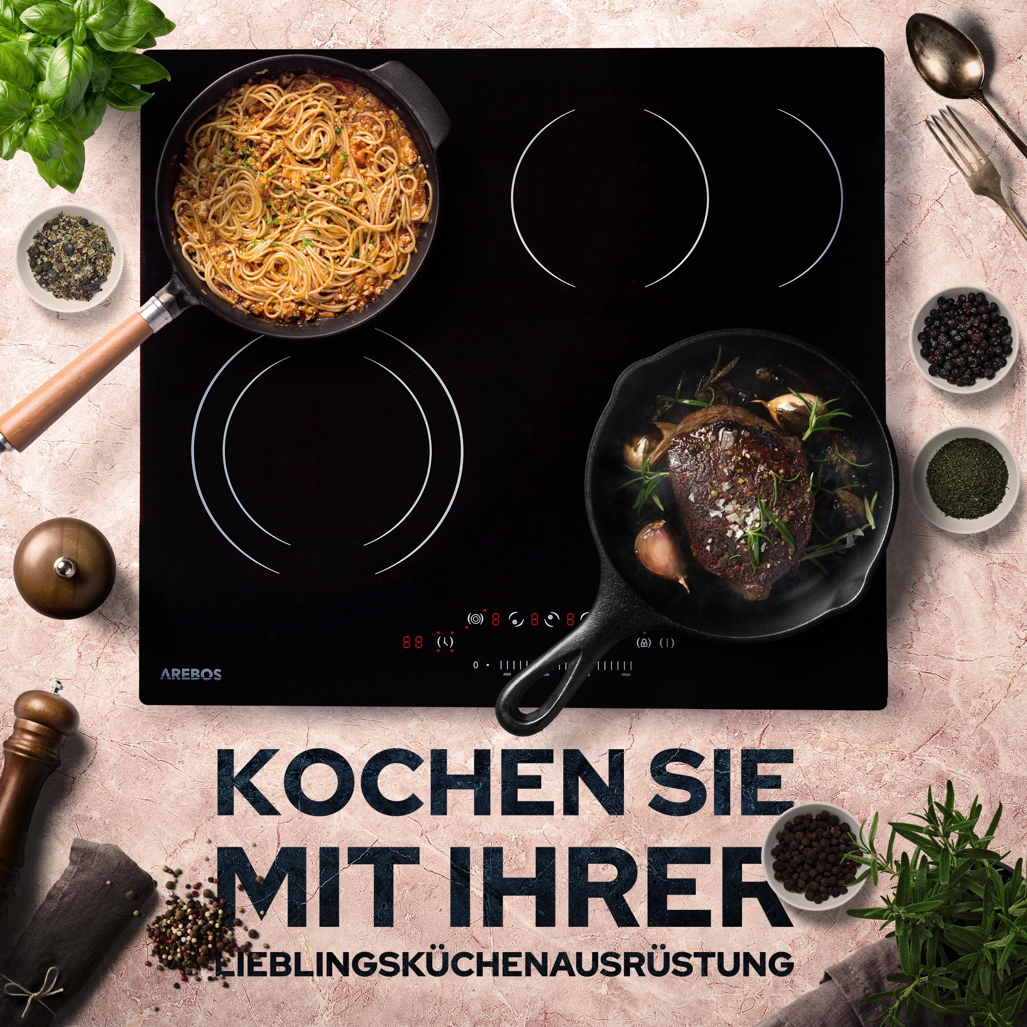 Arebos Glaskeramikkochfeld | 6600 W | 4 Kochfelder | 59 cm | autark | inkl. Dual-Kochzone und Bräterzone | mit Sensor Touch | Kindersicherung | Überhitzungsschutz | Autoabschaltung