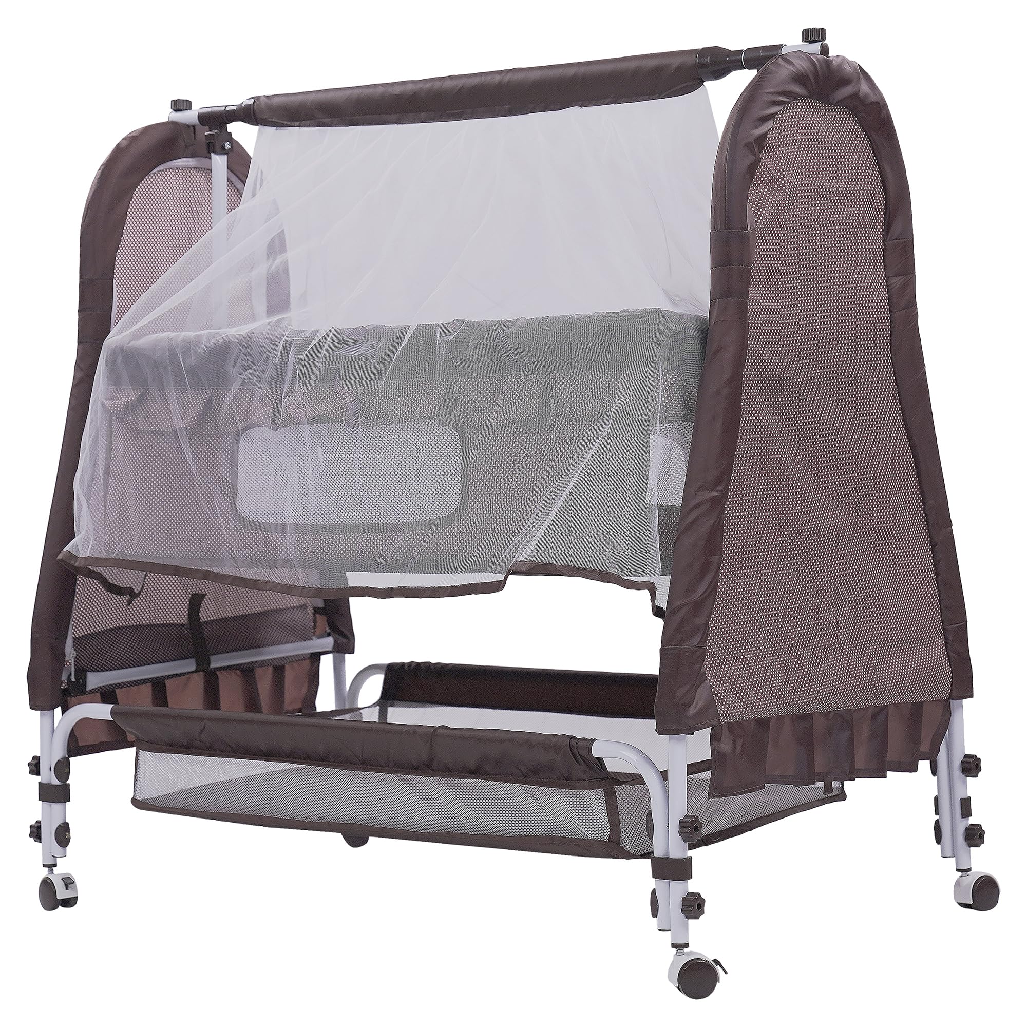 Pandaoriginals Premium Baby Cradles New Born Baby Sleep Swing Cradle/Jhula/Palna/Bed/Baby Bedding with Mosquito Protection Net, Mattress & Wheels and Cradle for 0-13 Months Baby Boys and Girls (Brown)