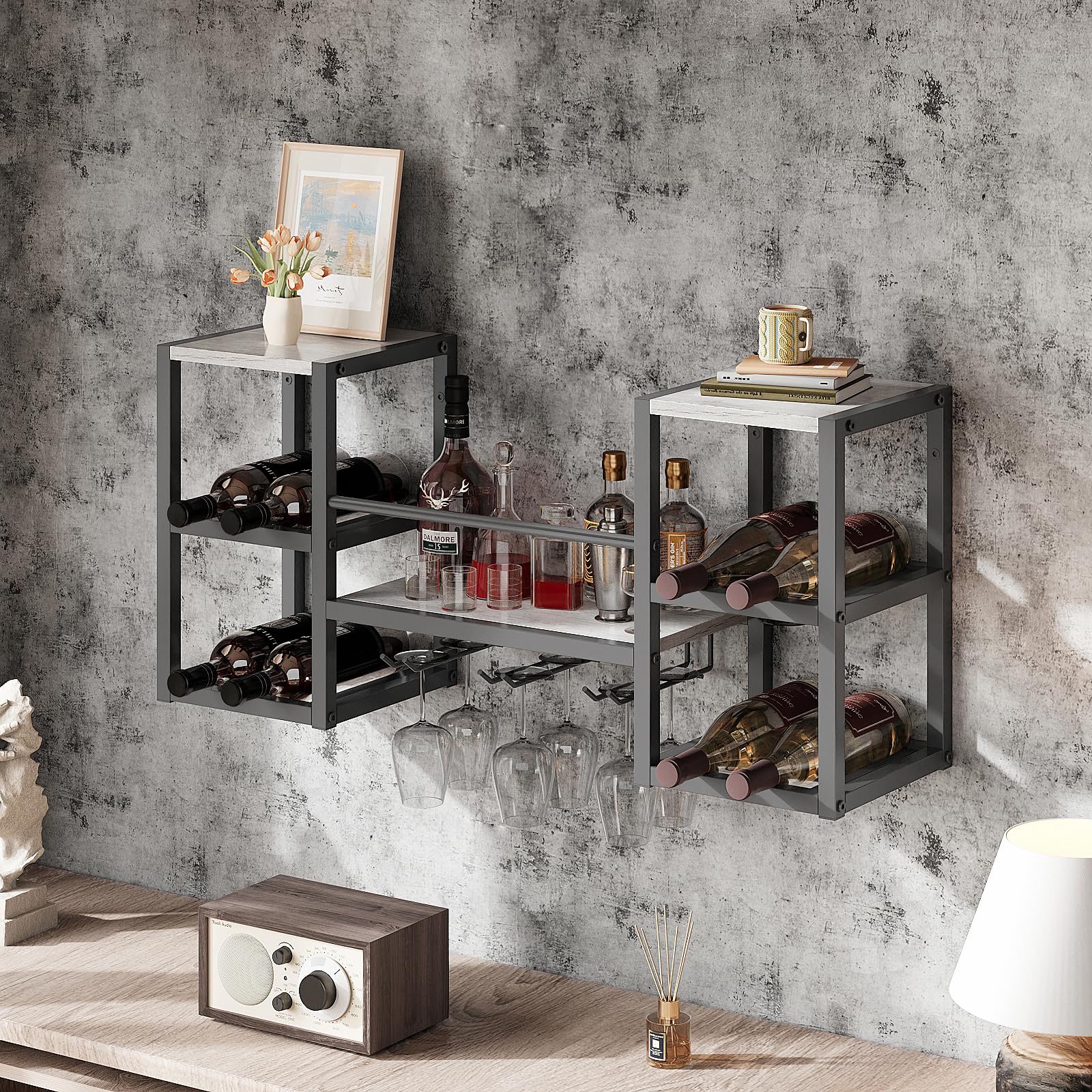 VEDECASA Portabottiglie a Parete, 3 Livelli Portabottiglie a Parete con 6 Supporti per Bicchieri, Supporto per Espositore di Vino a Parete, Portabottiglie Multifunzionale a Parete per Bar, Cucina