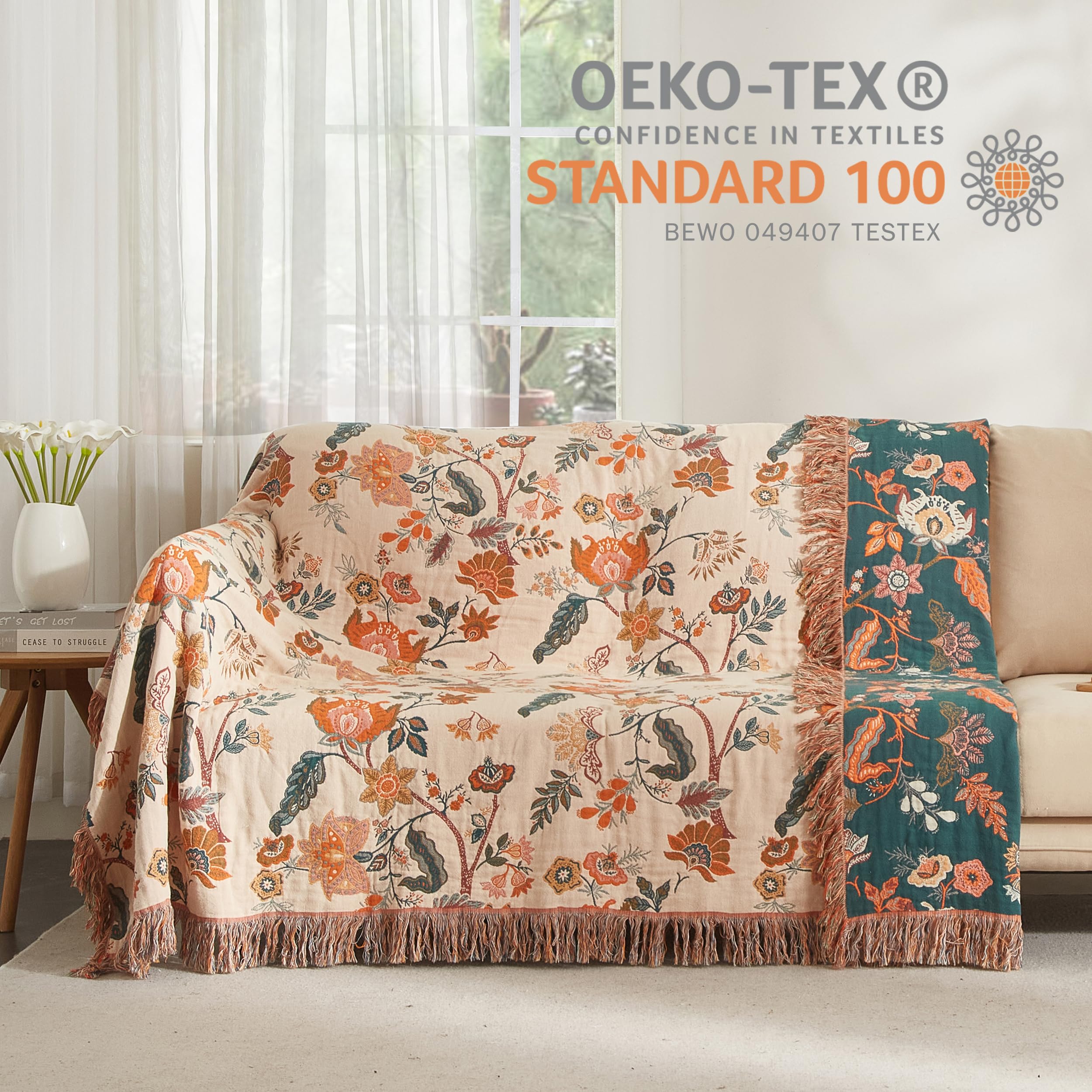 SE SOFTEXLY Boho Decke 100% Baumwolle – Doppelseitige Musselin Tagesdecke 150x200cm, Kuschelige Sofadecke & Bettüberwurf, Aesthetic Design, Ideal für Wohnzimmer & Schlafzimmer, Orange/Grün