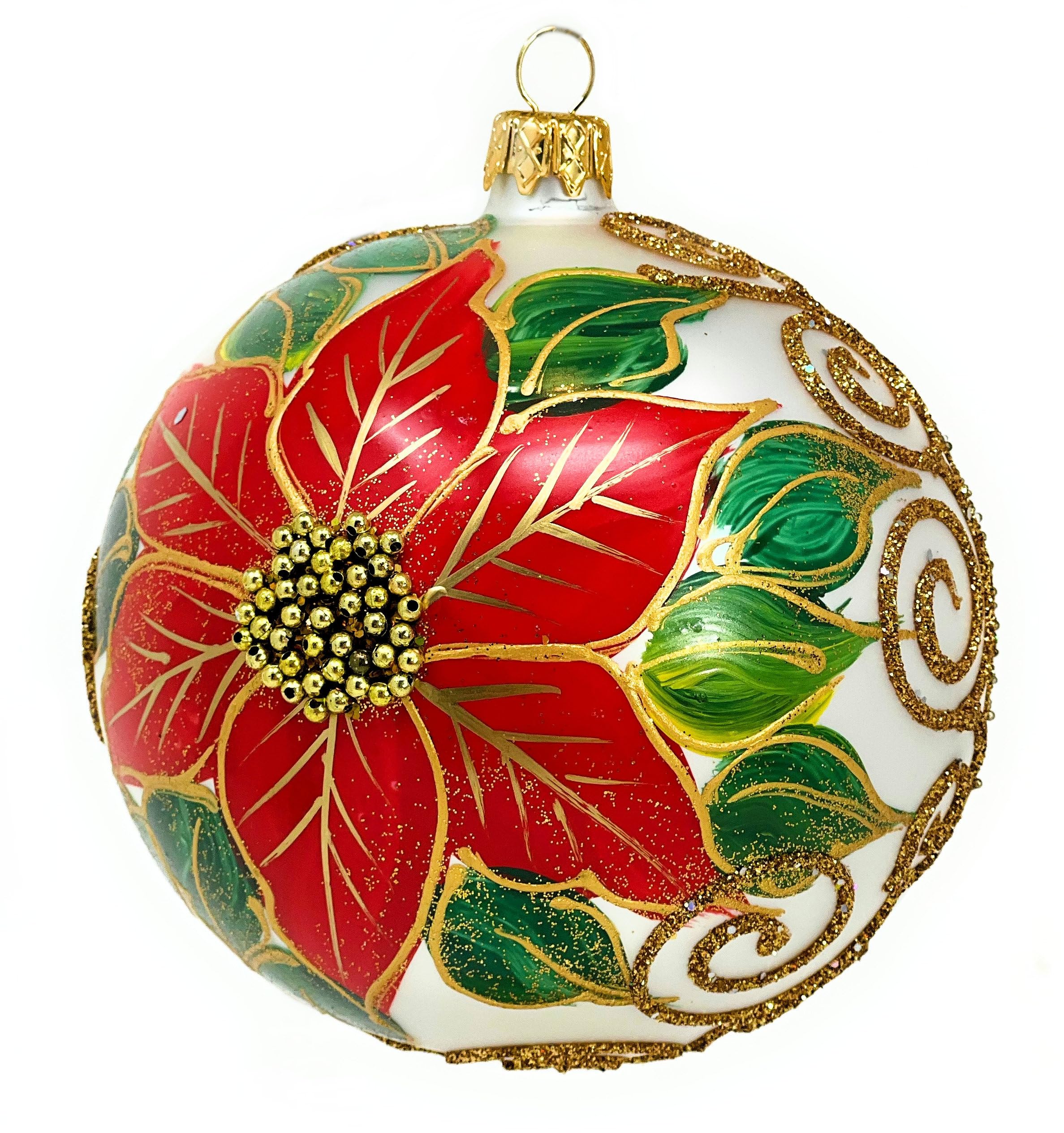 Adorno de Navidad, día invernal con flor de pascua roja, bola de vidrio soplado (plata mate, 120 mm)