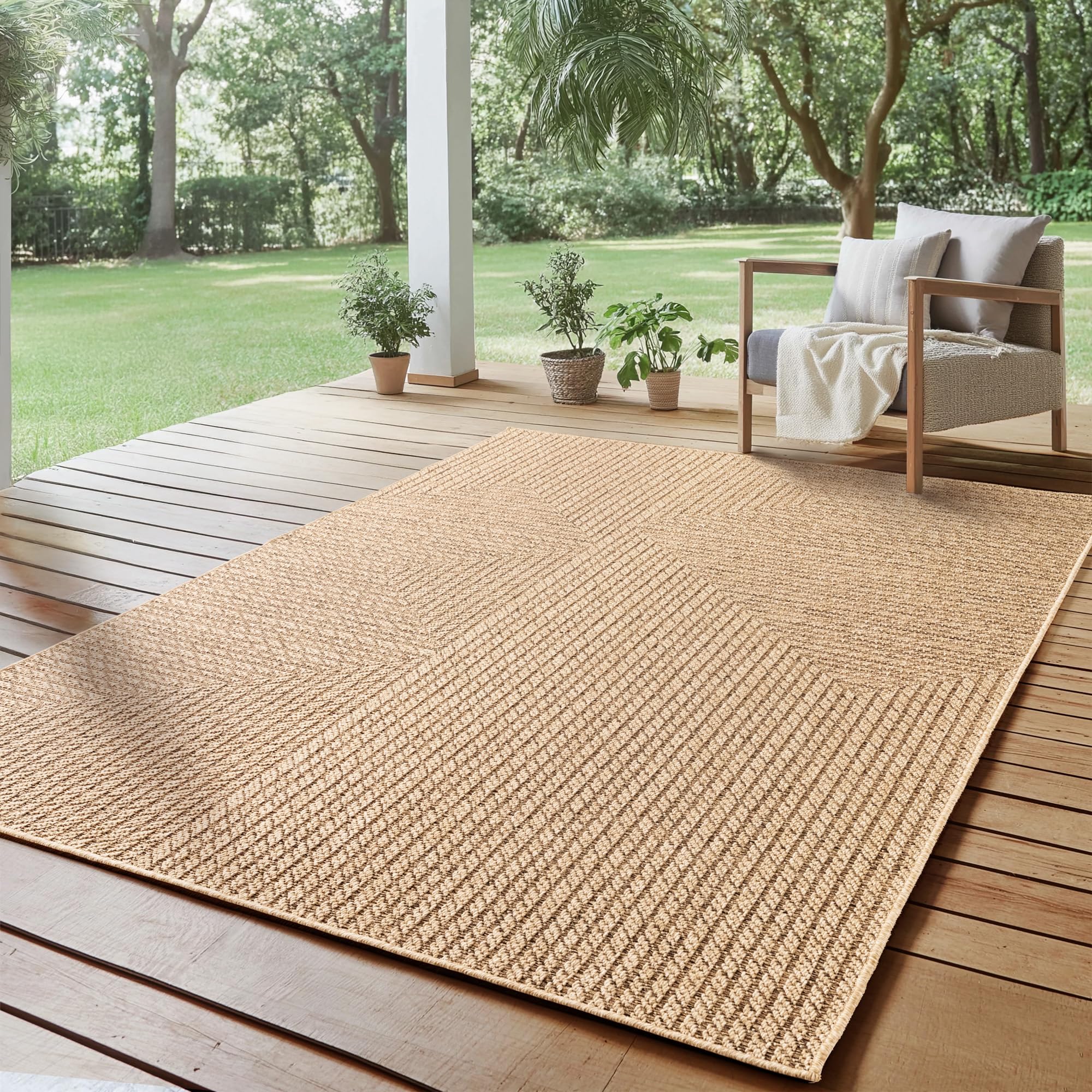 SIMPEX Indoor Outdoor Teppich Wetterfest- pflegeleicht im natürlichen Jute-Look, Sisal Teppich Wohnzimmer, Küche, Terrasse, Garten und Balkon