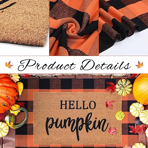 Miniatura 4 de Juego combinado de tapetes de puerta de decoración de otoño, 100% fibra de coco + alfombra a cuadros naranja y negra de 28 x 43 pulgadas, tapete de