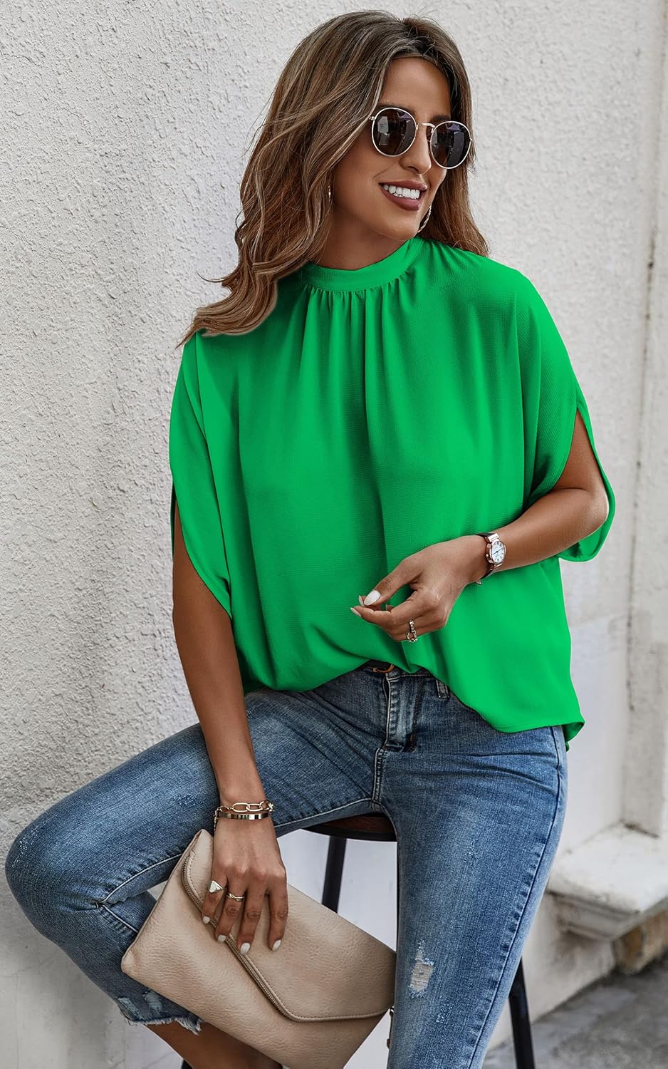 Angashion Womens Tops, Short Sleeve Casual Summer Top Solid Color Self Tie Loose Fit Drape Tunic Blouses Shirts - Image 7