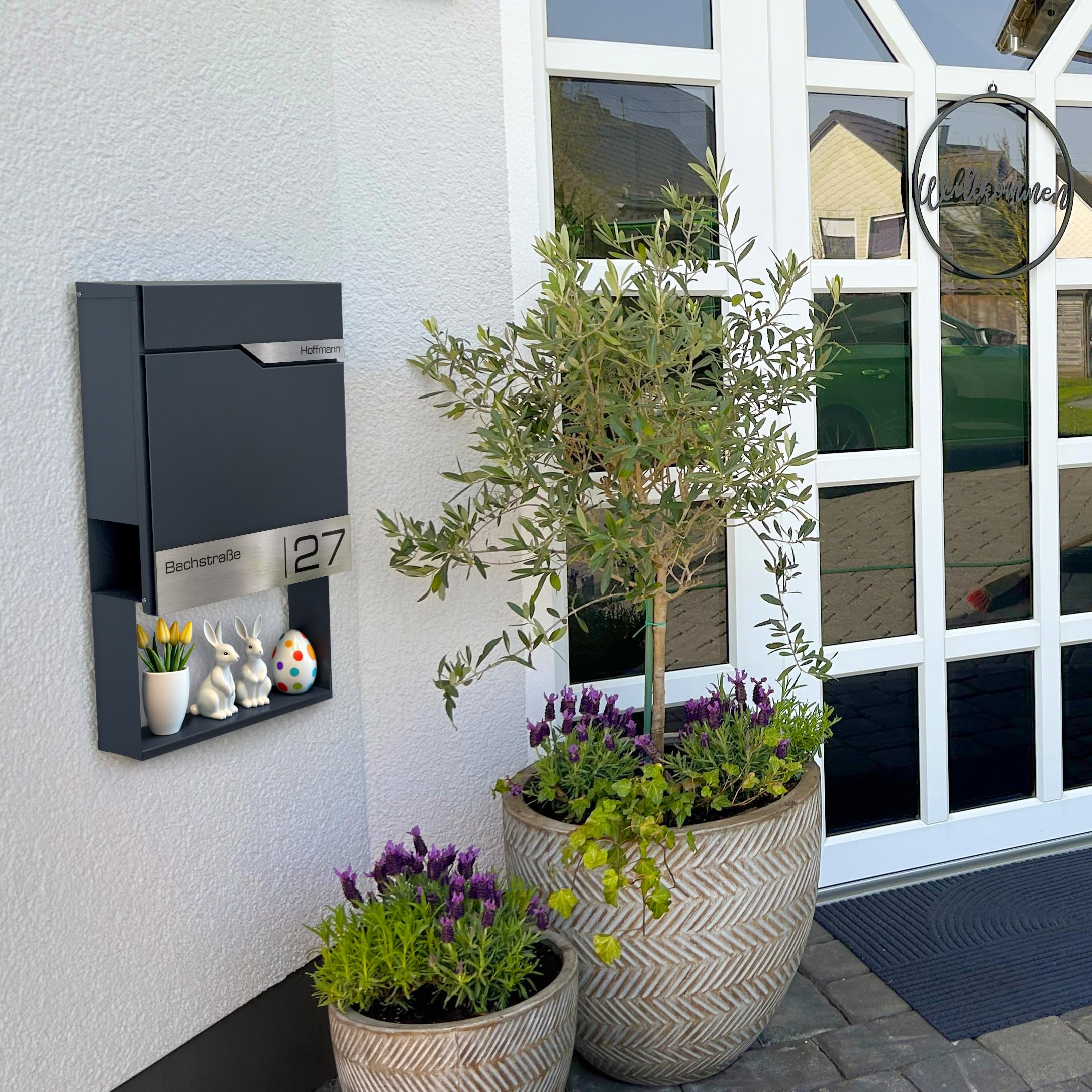 Metzler® Briefkasten Anthrazit mit Zeitungsfach, personalisiert mit Lasergravur, Wandbriefkasten mit austauschbarem Edelstahl-Namensschild, rostfreier moderner Postkasten,10 Jahre Ersatzteile, Siebert