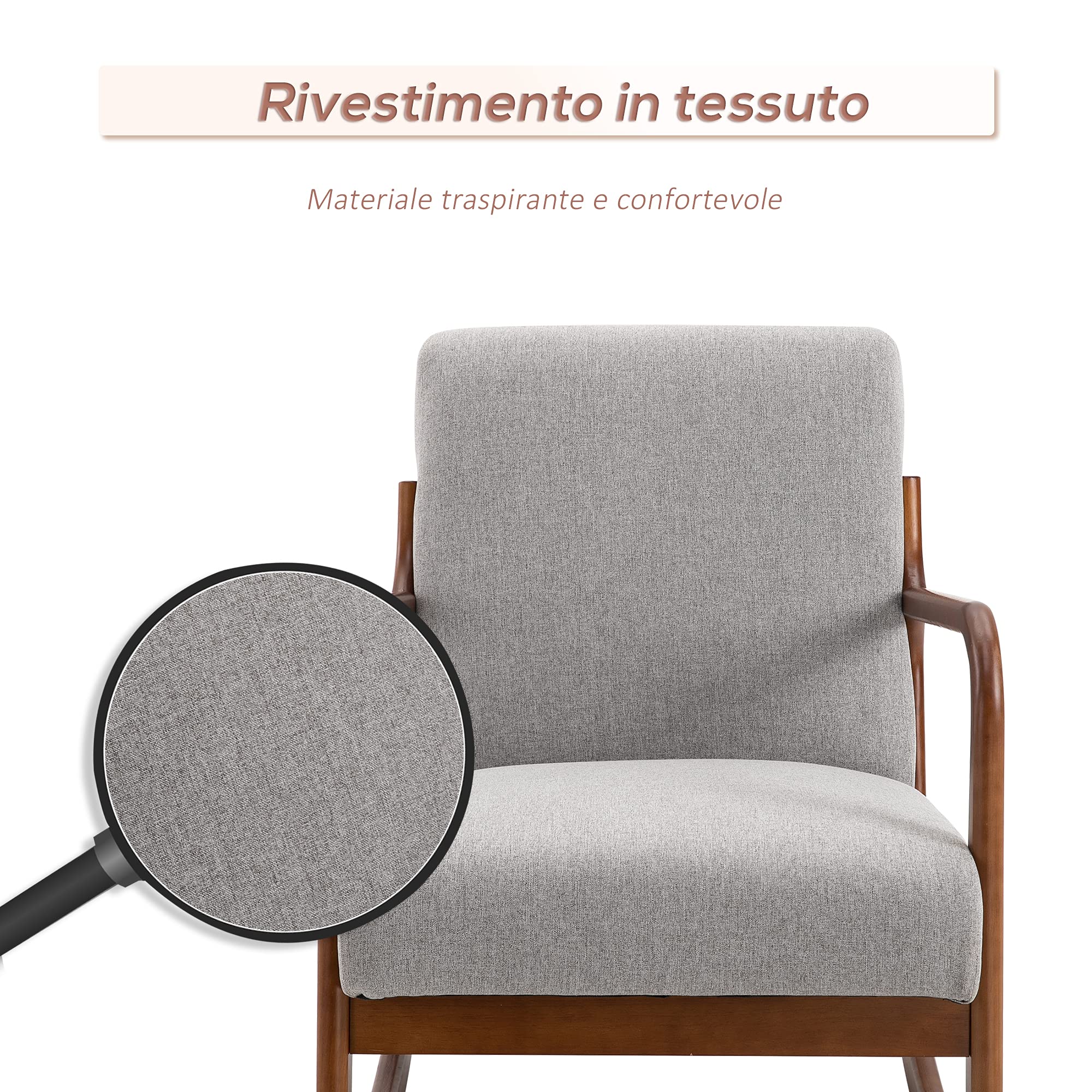 HOMCOM Poltrona a Dondolo Imbottita, Design Vintage in Legno e Poliestere Grigio, per Interni, Ufficio, Soggiorno, 64x86x80cm