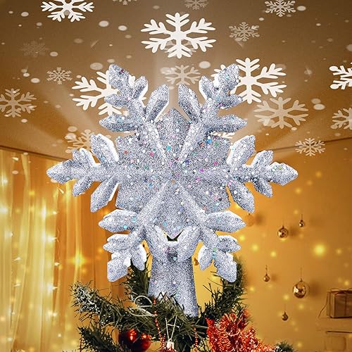 Decoración para árbol de Navidad iluminada con luces LED de proyector de copo de nieve giratorias integradas, 9.6 pulgadas con lentejuelas