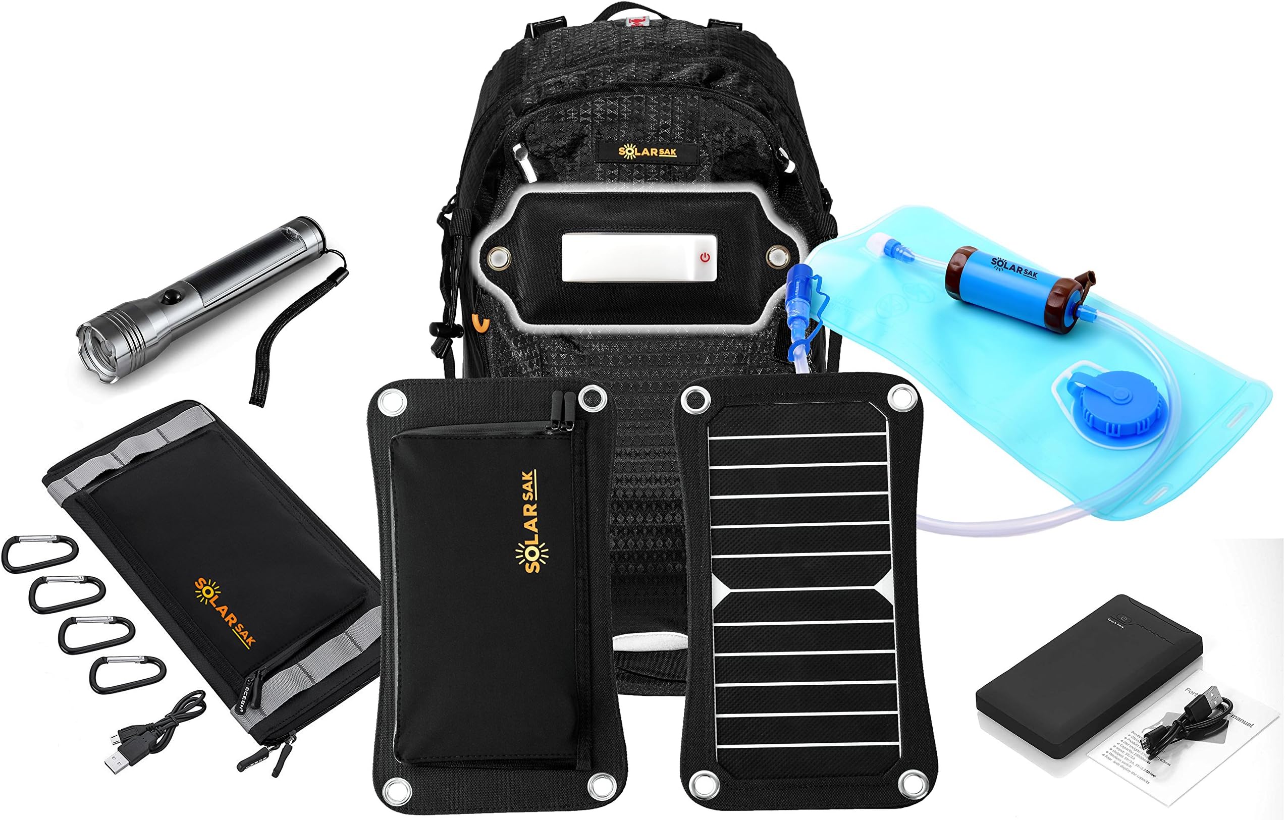 Infinity Survival kit w/Water Filtering Solar Hydration Backpack - 7W Sun Piece Panel - 10W Sun Piece Portable Solar - Moon Piece LED Light - Solar Flashlight - 10000mah Battery