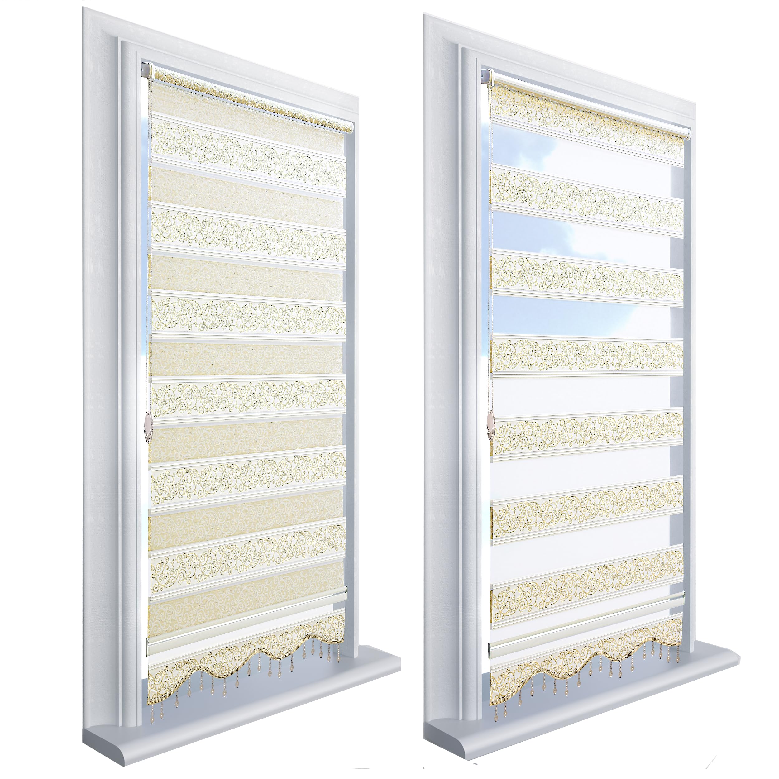 Brillant Doppelrollo Klemmfix ohne Bohren Beige Gold, 50x200cm (BxH), Stoffbreite 46 cm, mit Muster, Volant und Perlen, Duo Rollo für Fenster und Türen, Made in Germany