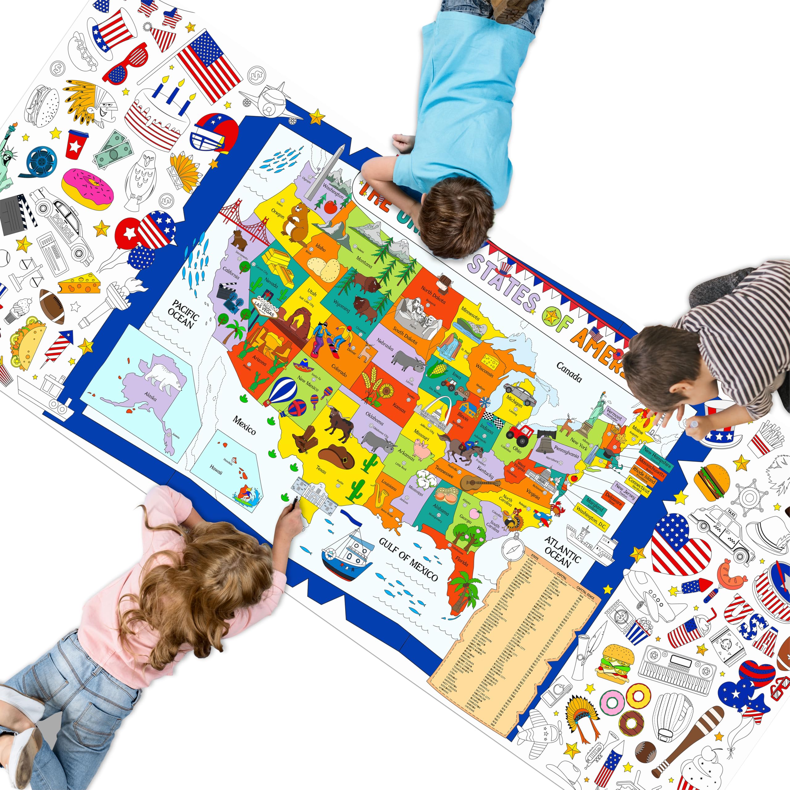 American Coloring Poster, Large Coloring Activity Paper 75” x 31” Jumbo Size US Map-themed Paper DIY Painting Drawing Banner/Tablecloth for School, Wall Decor (75” x 31”)