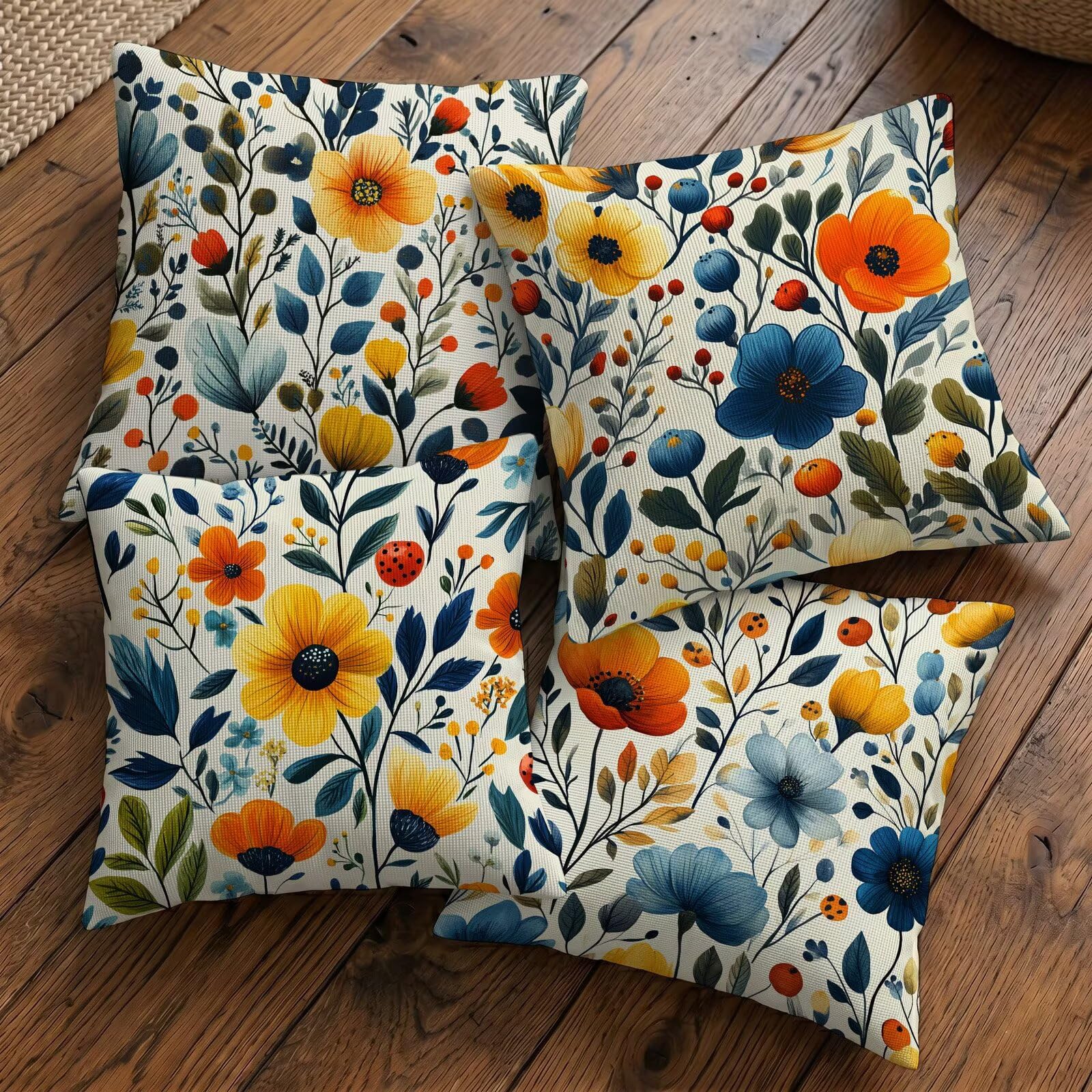 Wodoodporne poszewki na poduszki zewnętrzne 65 x 65 cm zestaw 4 sztuk beżowy len kwadratowa poszewka na poduszkę dekoracyjna na sofę salon ogród taras krzesło ławka dekoracja domu (dzikie kwiaty