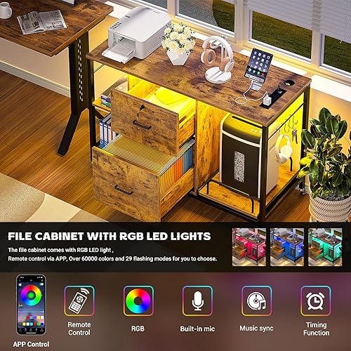 Miniatura 3 de Hyomdeck Archivador lateral de 2 cajones con soporte para trituradora, archivador de oficina con bloqueo con salida y luz LED, soporte de impresora