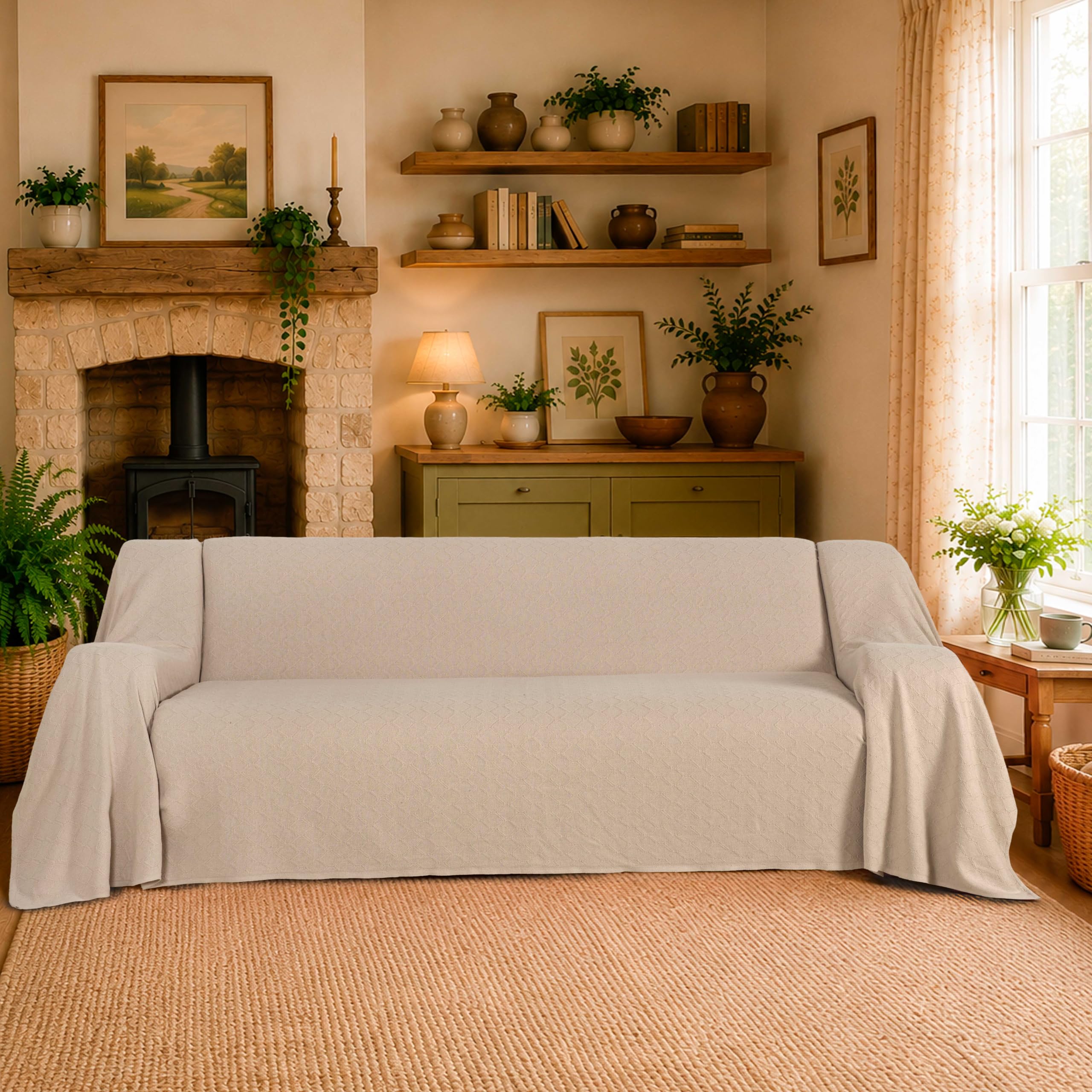 Milam London Sofa Cover 3 Seater, Cotton Throw, 180x300cm, Beige