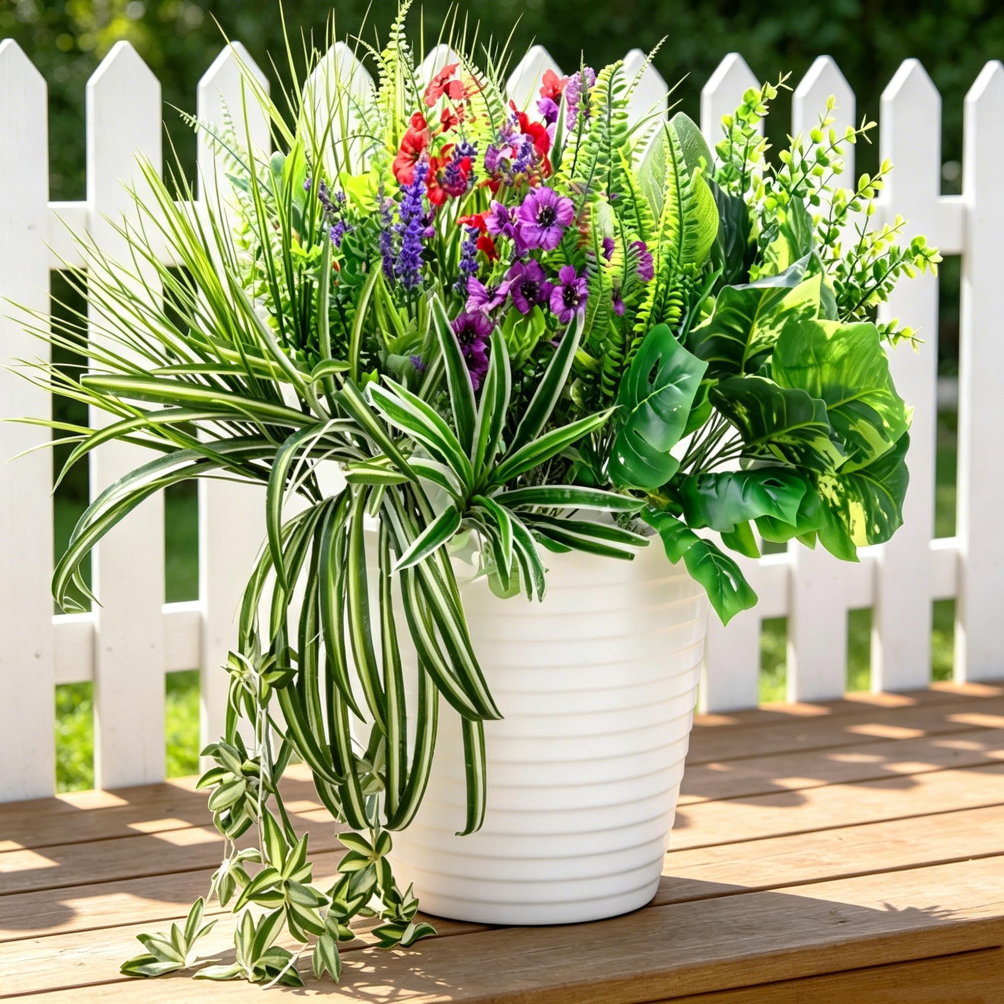 YUGYUM 14 Bundles Artificial Fake Plants Greenery Outdoor, UV Resistant Faux Flowers Plastic Shrubs for Planter, Plastic Bushes for Garden Yard Indoor Outside Summer Decor