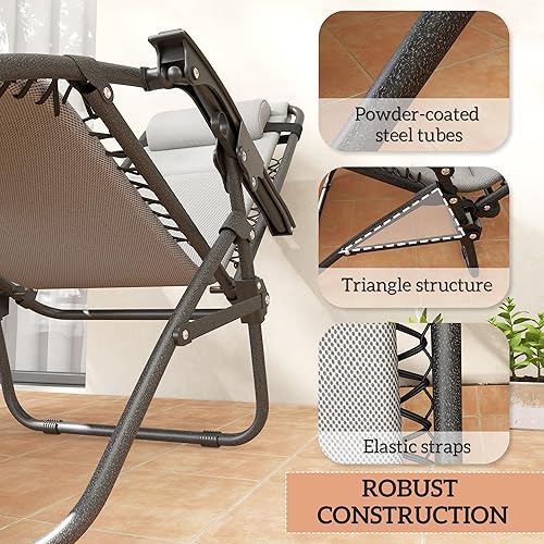 Miniatura 7 de Outsunny Juego de 2 sillas de gravedad cero, sillas reclinables plegables de gravedad cero, sillas de salón para exteriores con cojín, reposacabezas