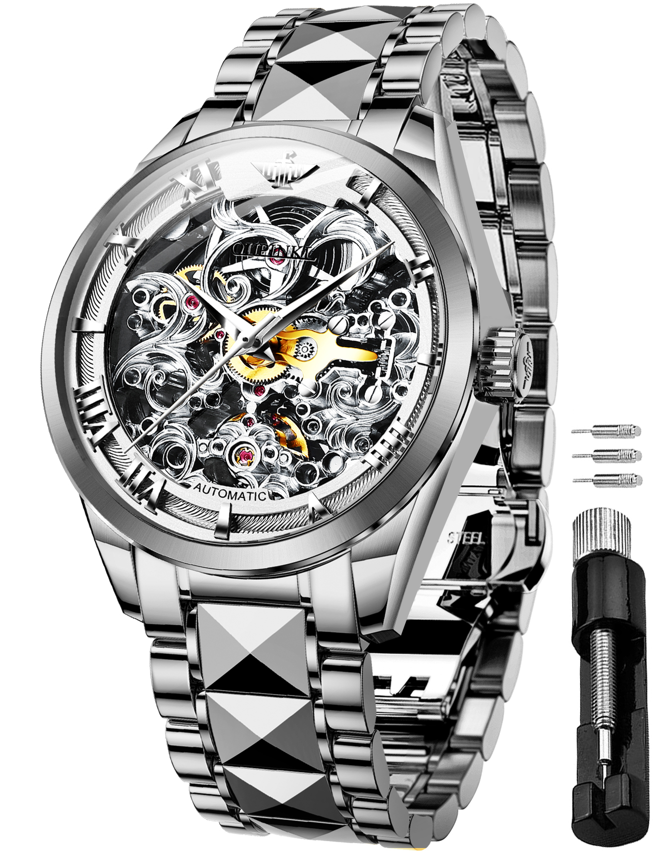 Amazon.com: OUPINKE Men's Silver Skeleton Mechanical Luxury Wrist
