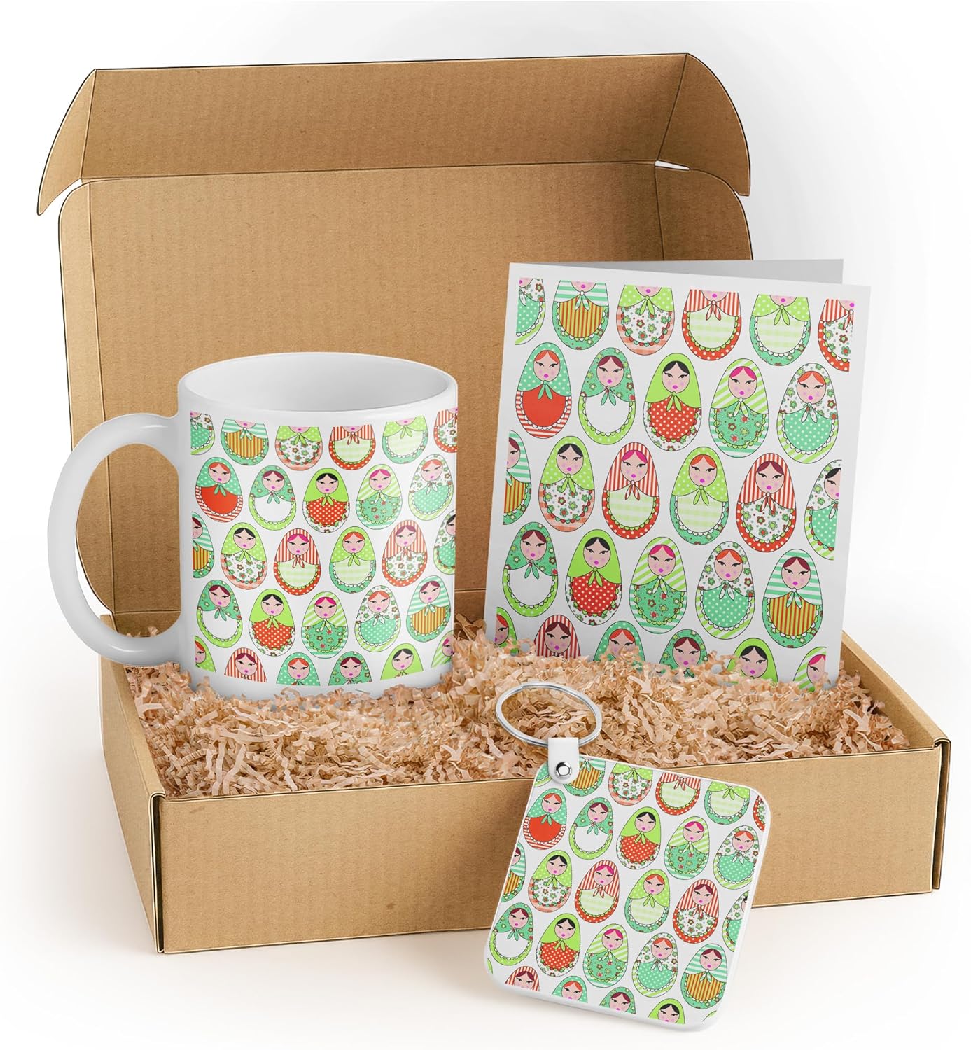 3dRose Matryoshka Doll Gift Set – Includes Mug, Keychain, and Card – Colorful Nesting Dolls – Perfect for Birthdays and Russian Culture Enthusiasts